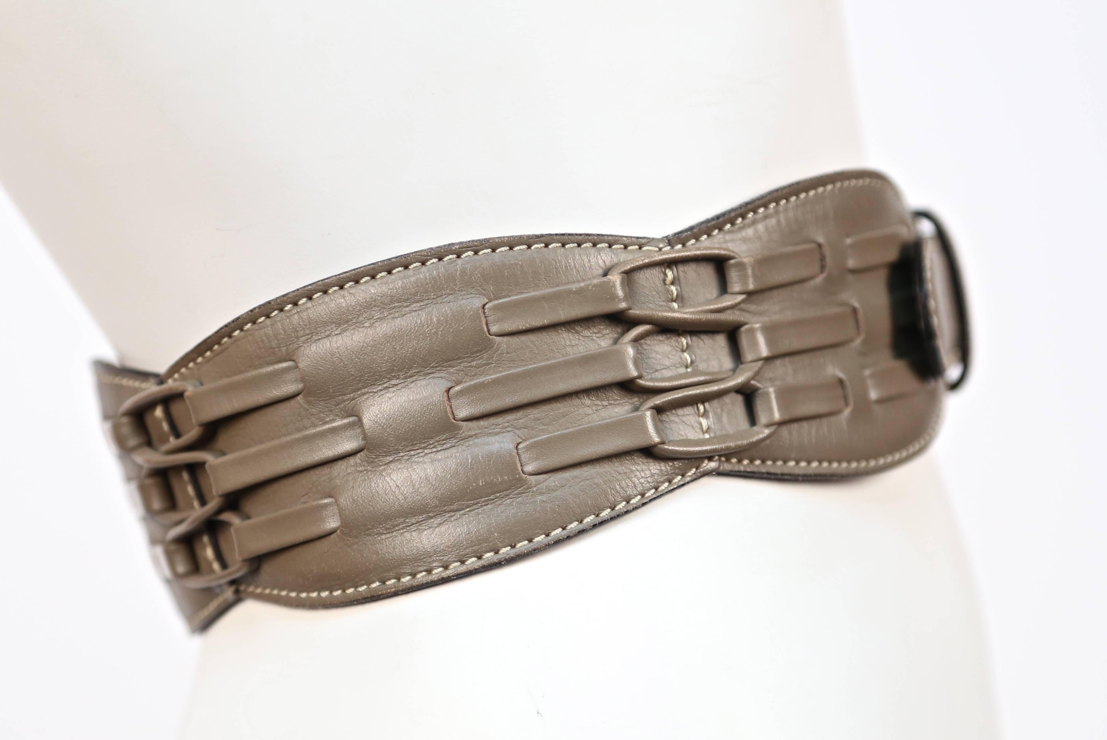 1980's AZZEDINE ALAIA taupe leather corset belt with woven detail In Good Condition In San Fransisco, CA