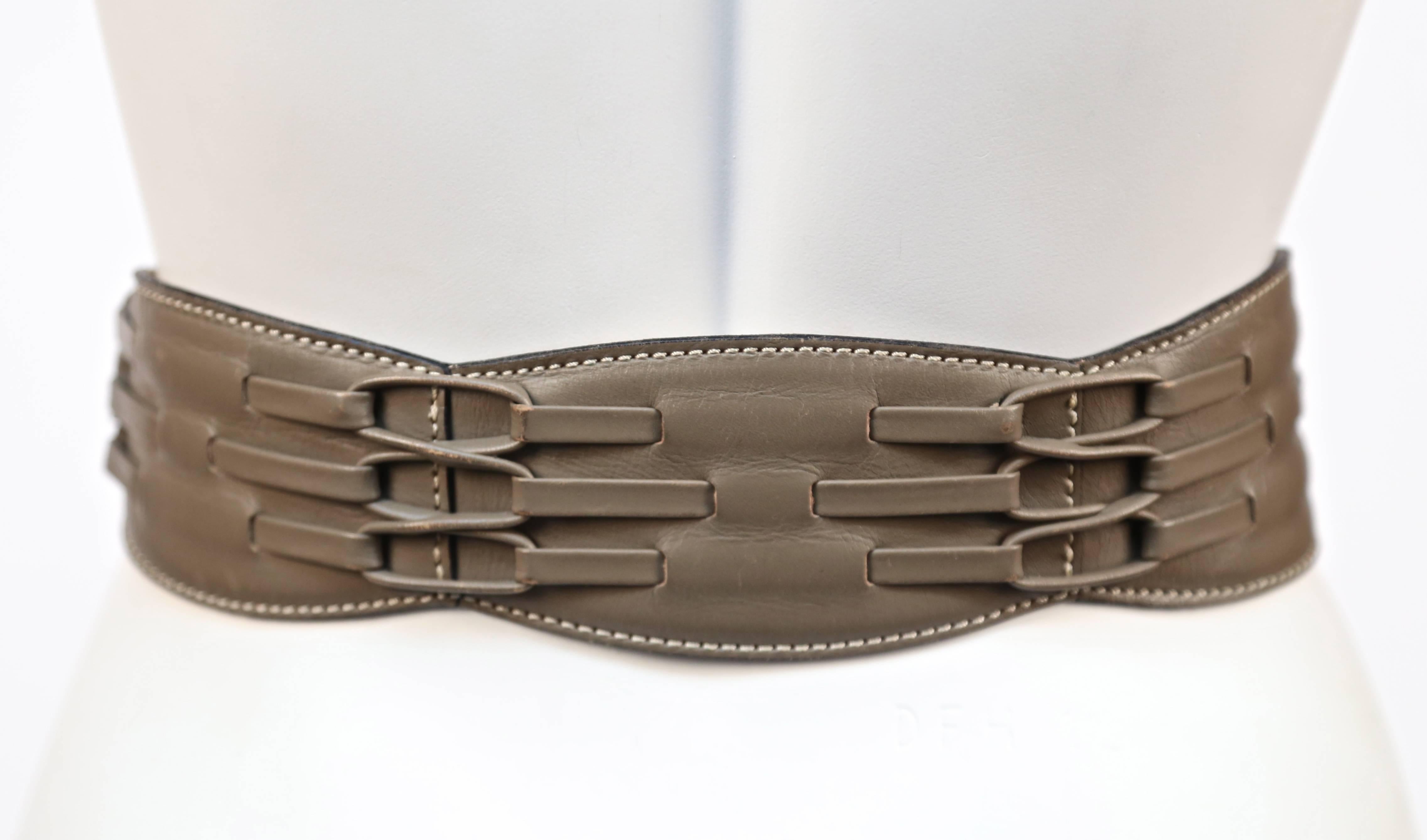 Women's or Men's 1980's AZZEDINE ALAIA taupe leather corset belt with woven detail