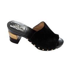 1970's FERRAGAMO suede slides with black and gold stacked wood heels -7