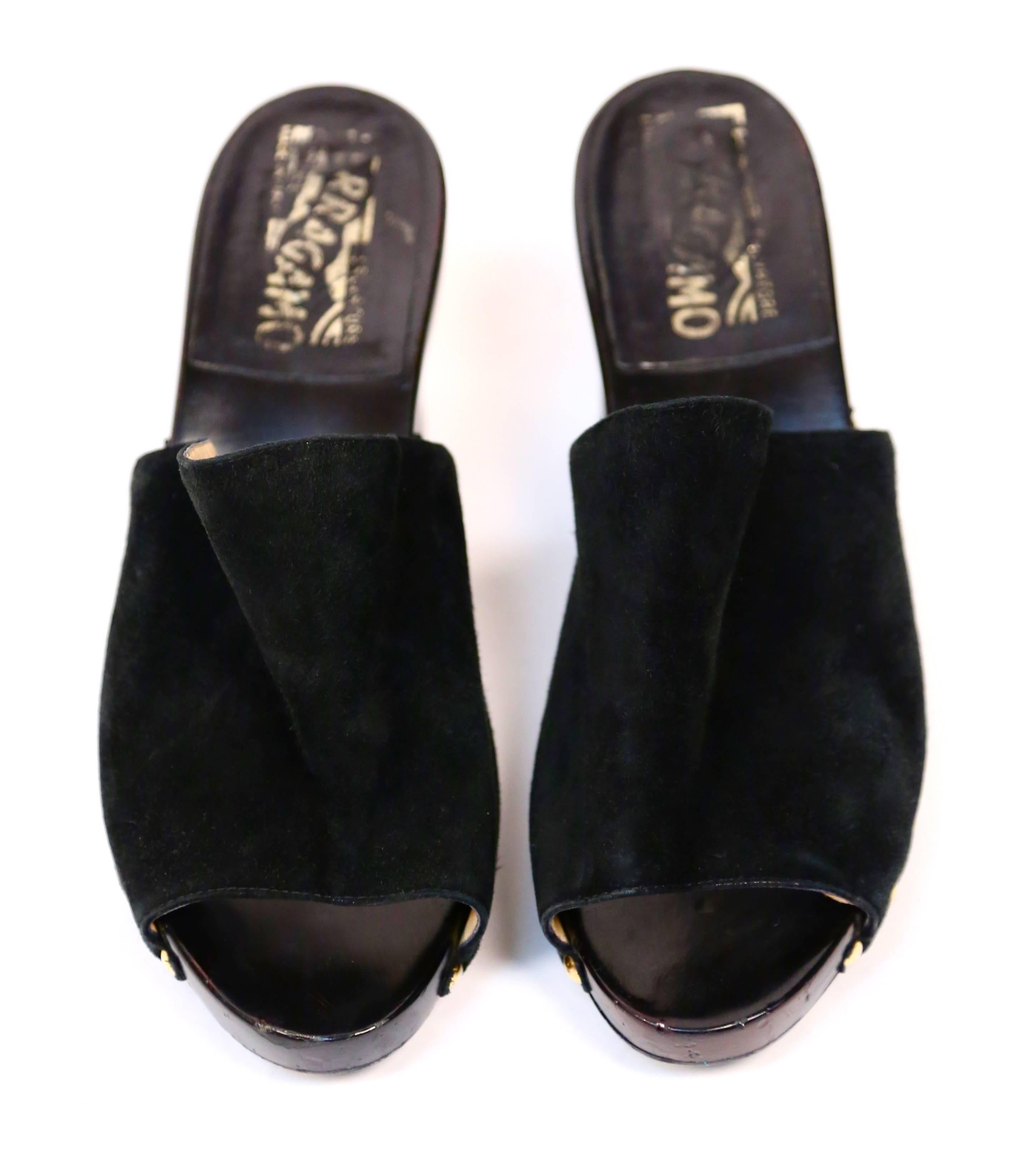 Women's or Men's 1970's FERRAGAMO suede slides with black and gold stacked wood heels -7