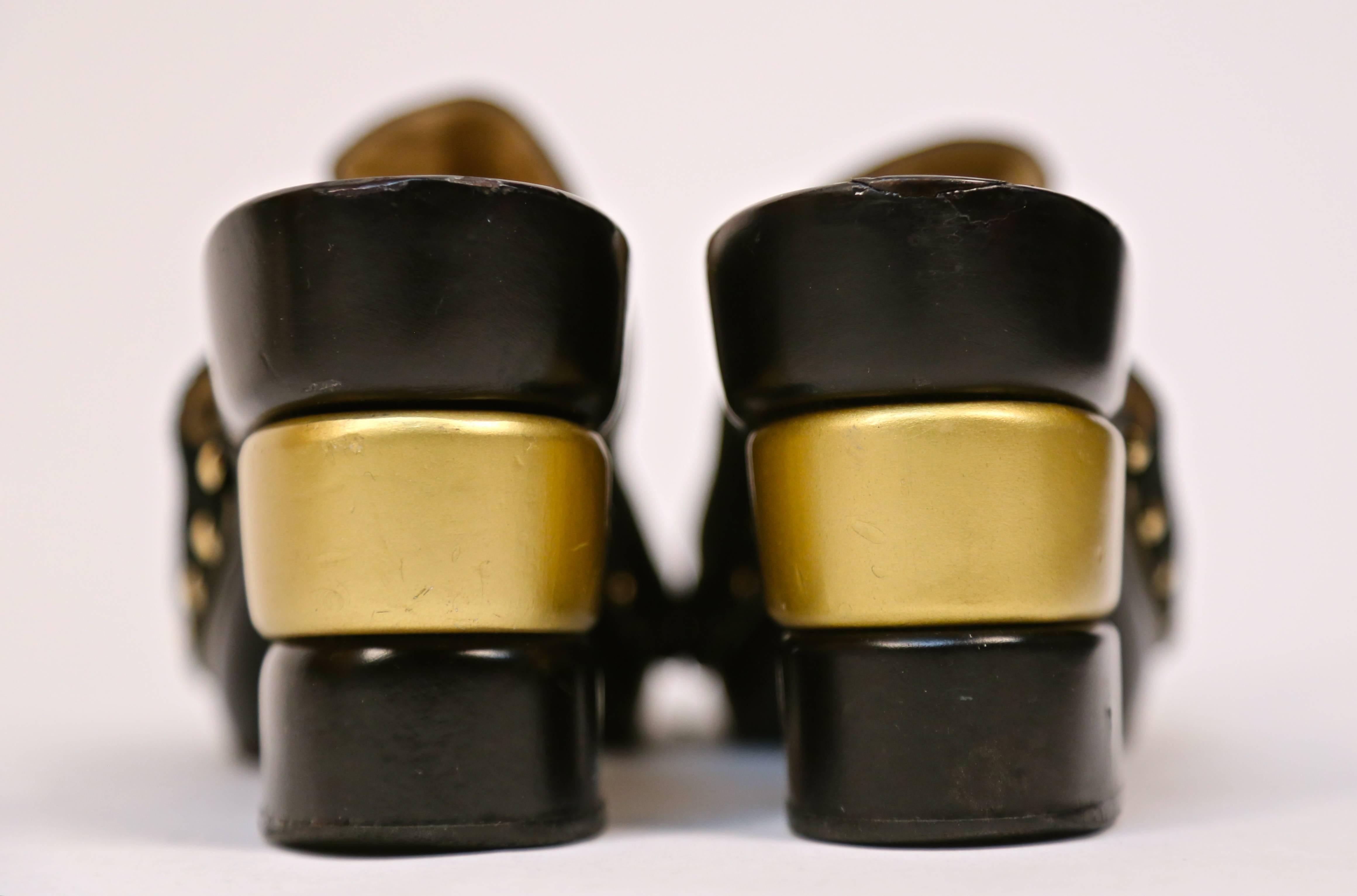 1970's FERRAGAMO suede slides with black and gold stacked wood heels -7 1