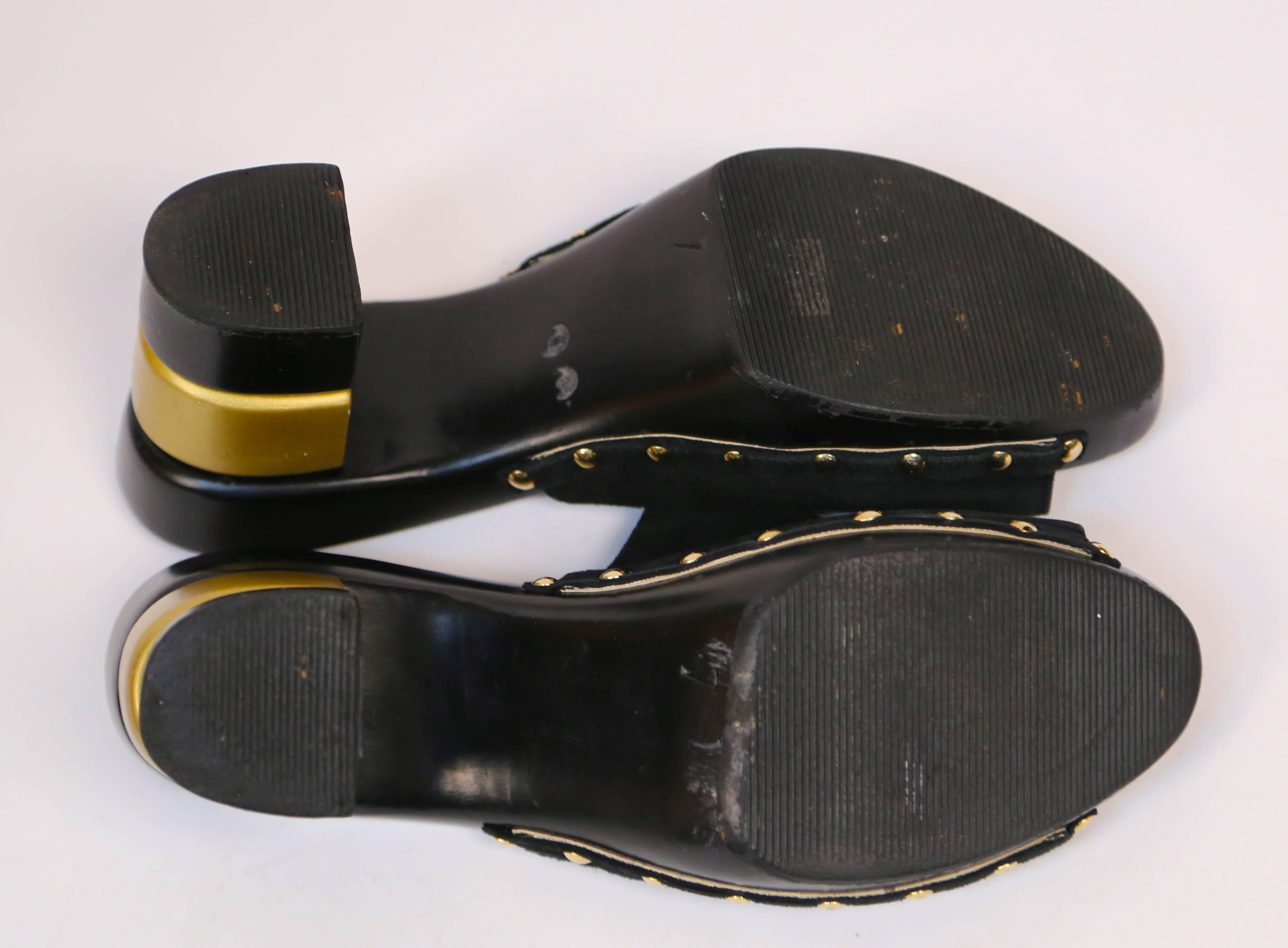 1970's FERRAGAMO suede slides with black and gold stacked wood heels -7 2