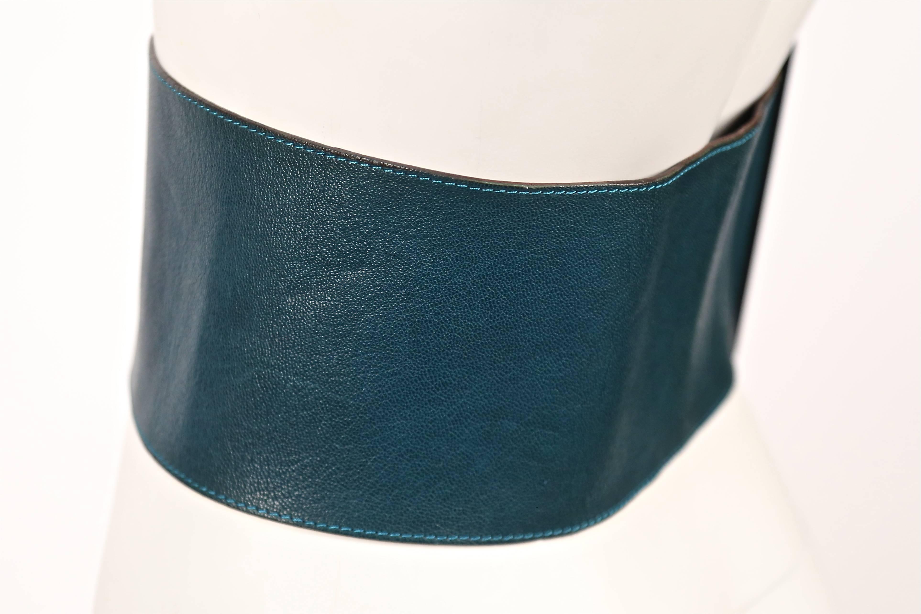 Blue 1990's LANVIN wide modernist belt in teal leather