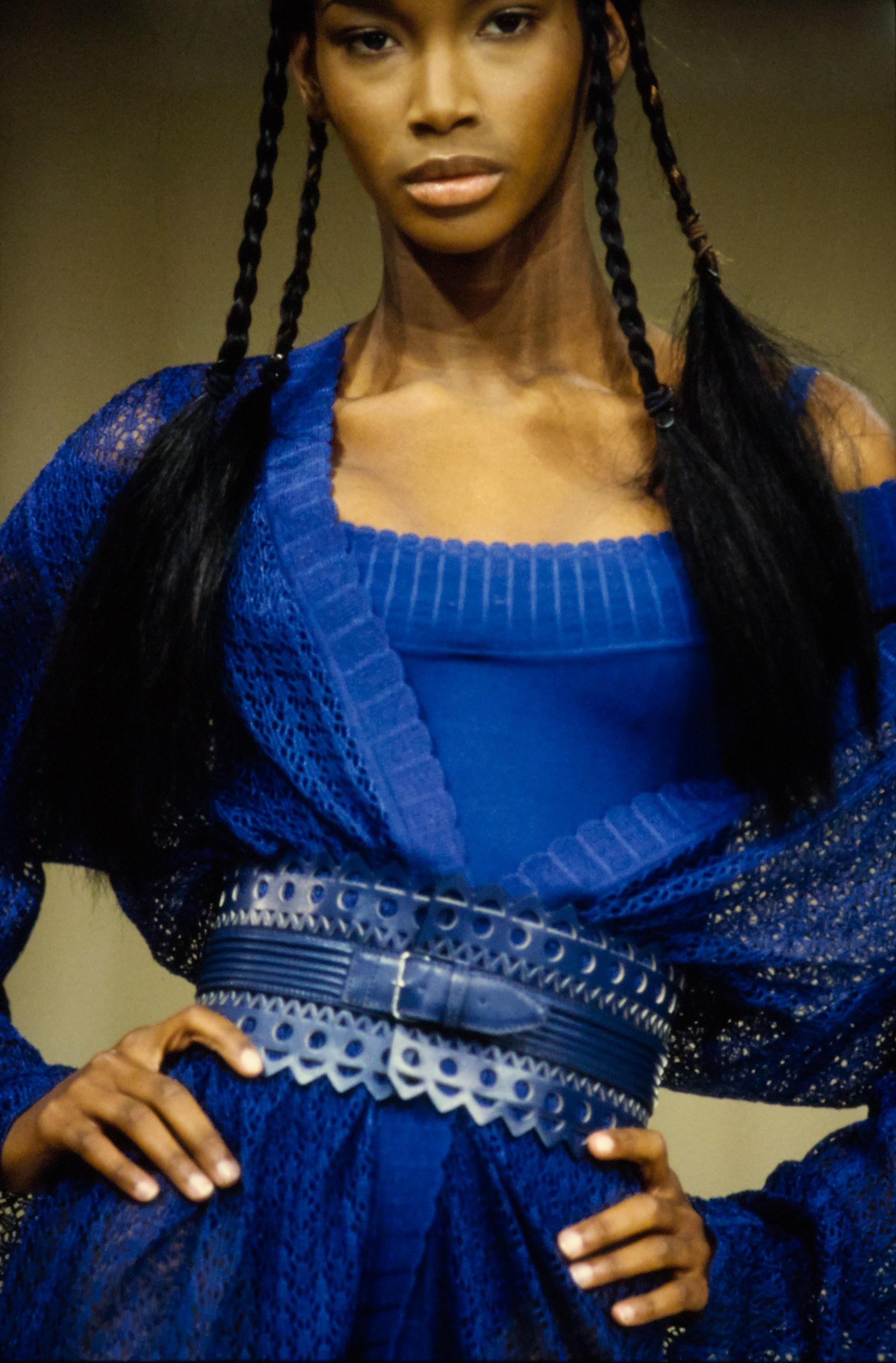 Blue Azzedine Alaia teal scalloped laser cut leather runway belt, 1992 