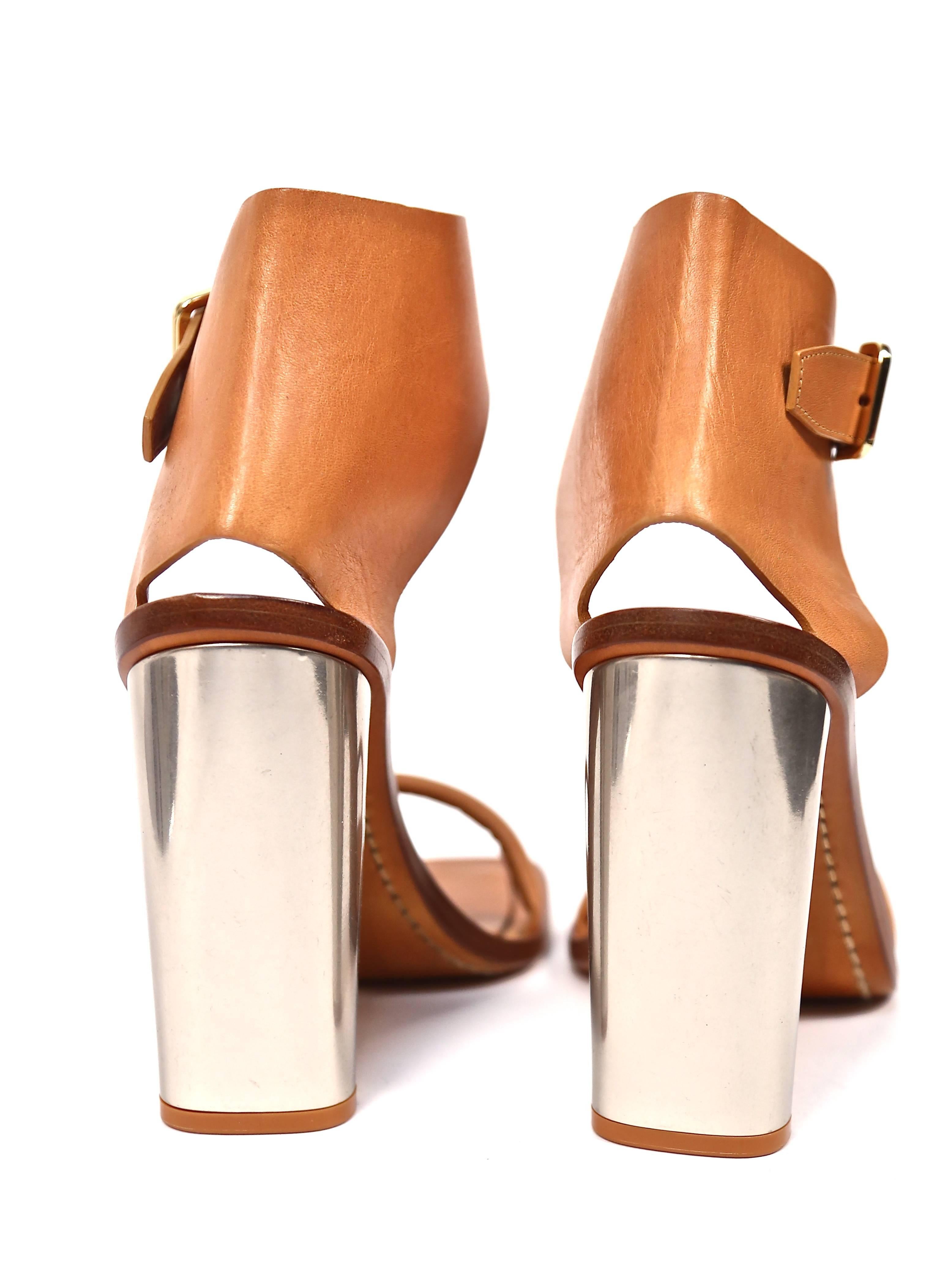 Brown unworn CELINE tan leather bam bam sandals with metal heels 40.5 