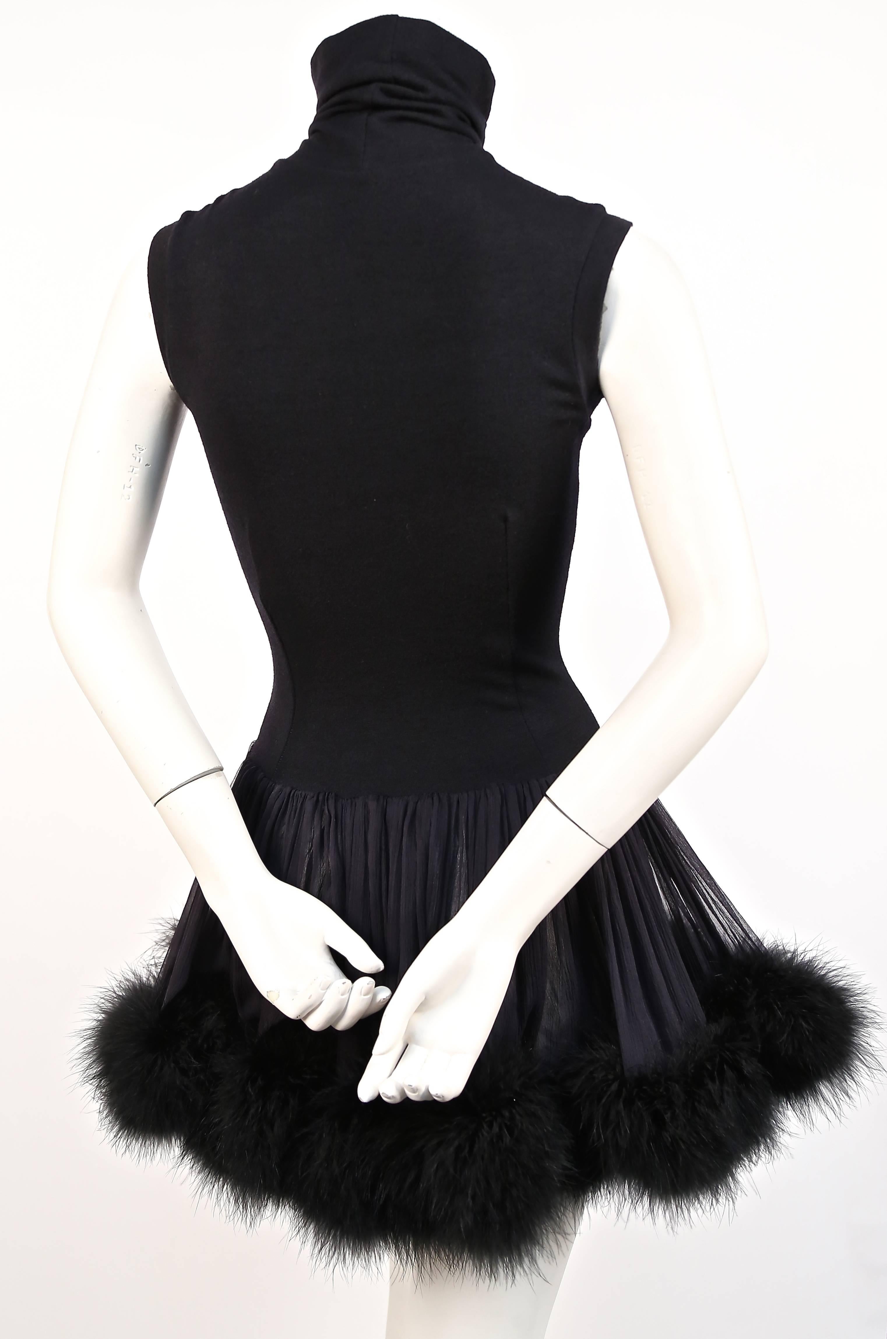 Black 1980's DOLCE & GABBANA wool mini dress with silk and marabou feather trim