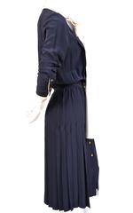 1980's CHANEL navy blue silk dress with gilt padlock heart buttons & long neckti