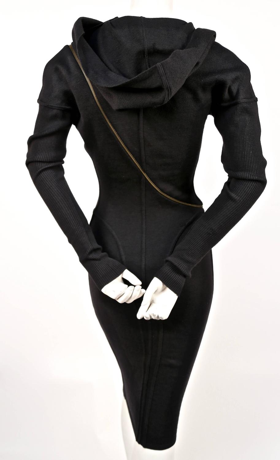 1986 Iconic AZZEDINE ALAIA Hooded Black Wool Zipper Dress For Sale at ...