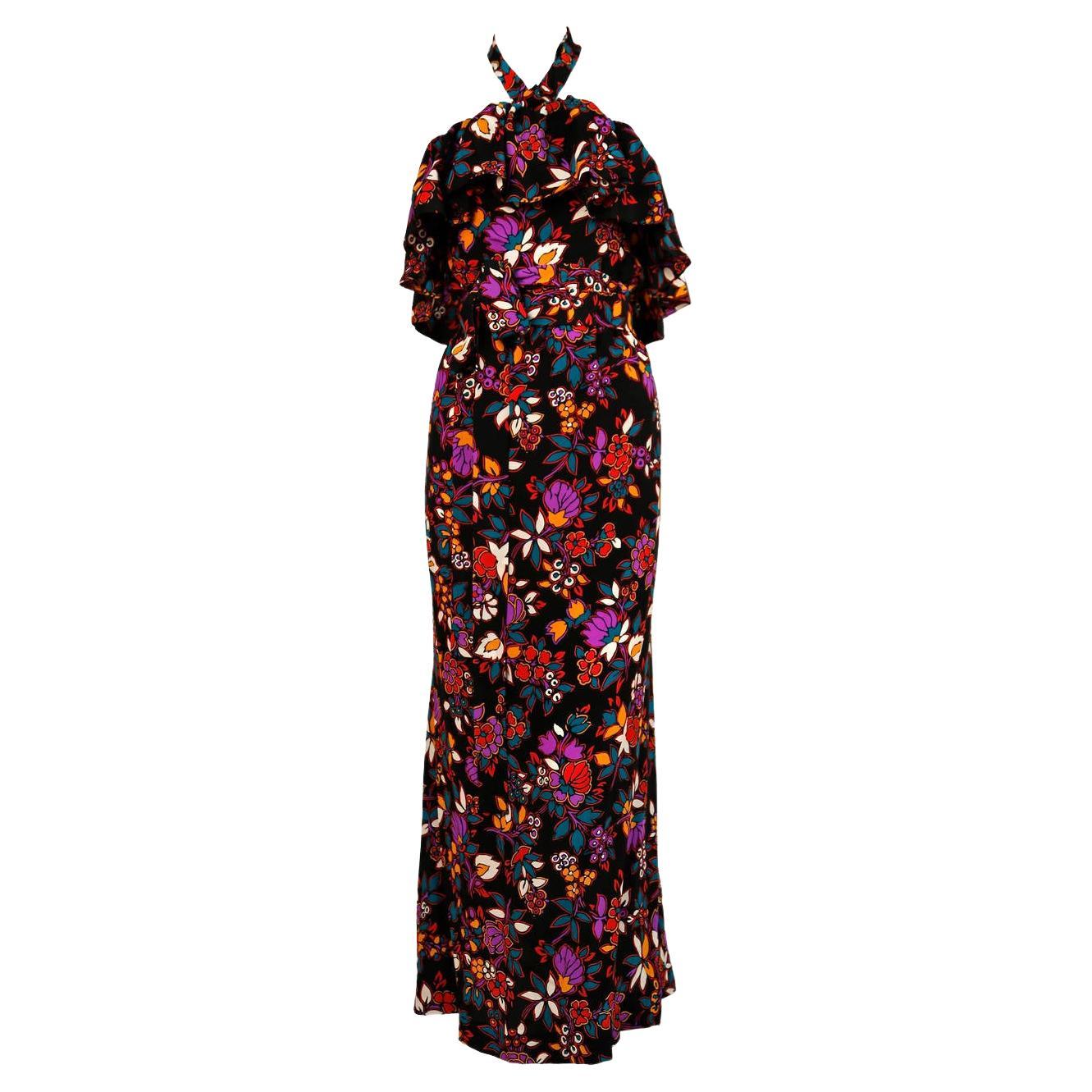 1970's YVES SAINT LAURENT floral silk halter neck dress with flounce For Sale
