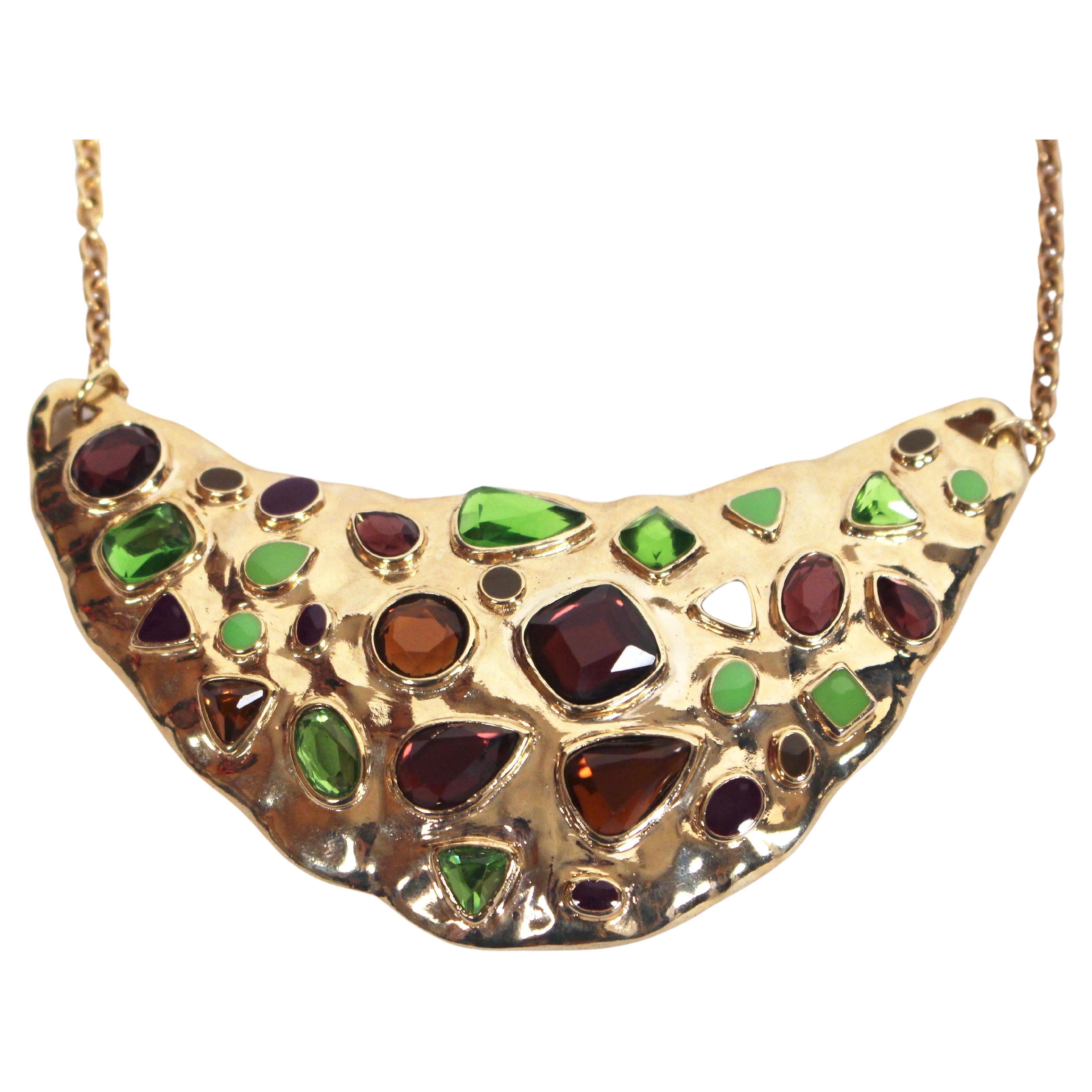 1980's YVES SAINT LAURENT faceted crystal and enamel bib necklace For Sale
