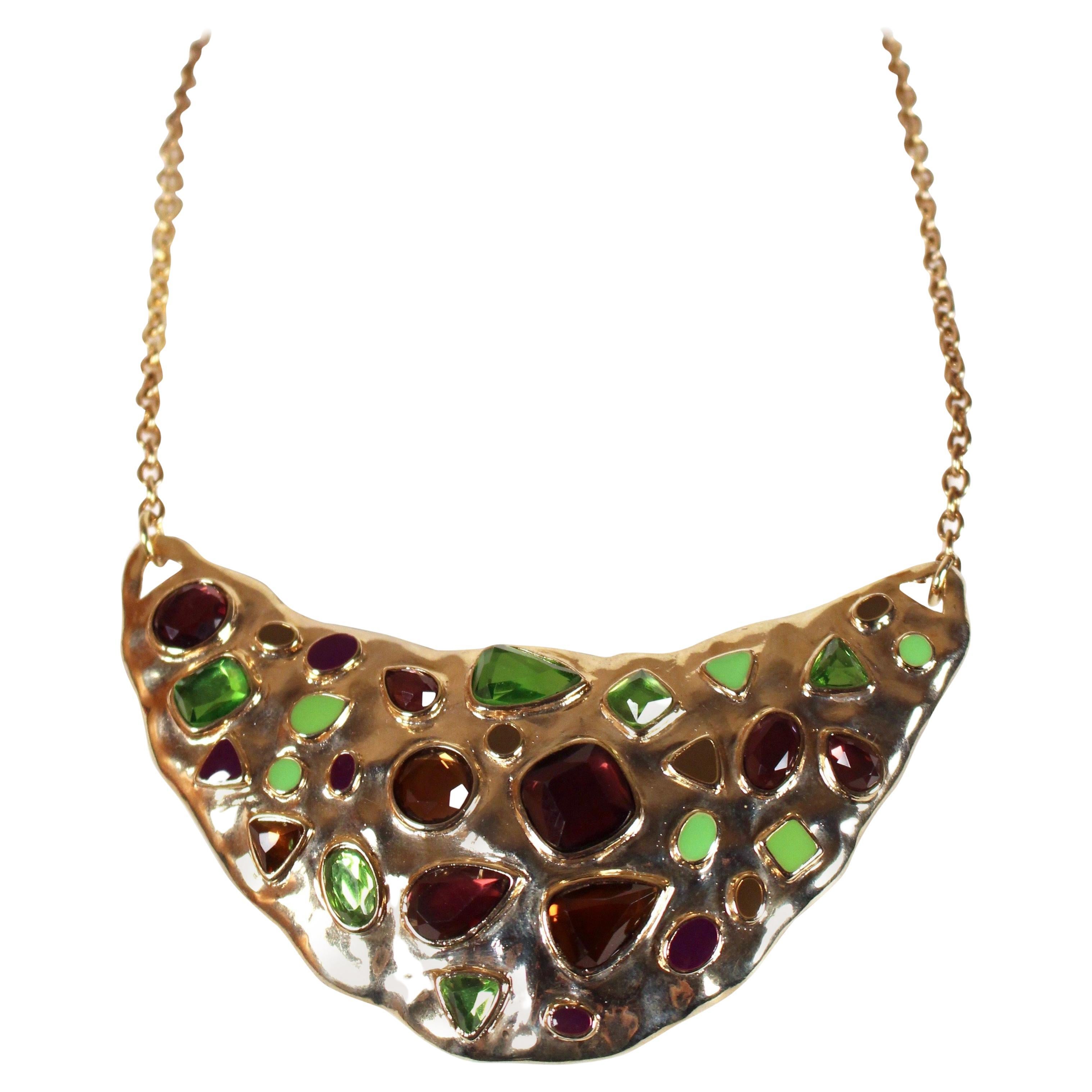 1980's YVES SAINT LAURENT faceted crystal and enamel bib necklace In Good Condition For Sale In San Fransisco, CA