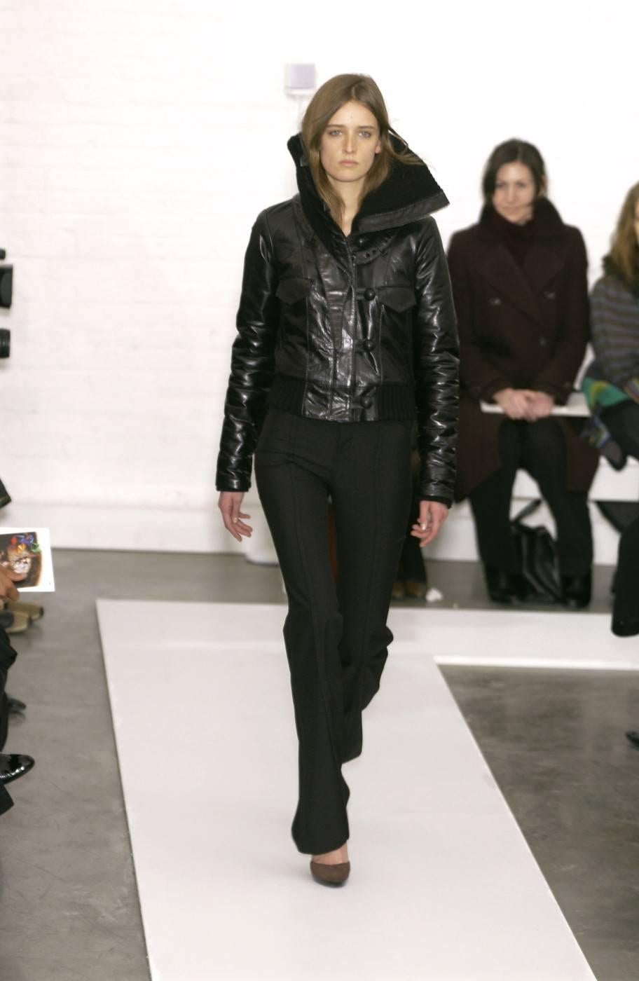Women's or Men's 2002 BALENCIAGA by Nicolas Ghesquiere black leather runway coat with wool trim