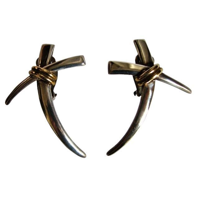 Boucles d'oreilles croisées Los Ballesteros en argent et or, faites à la main en vente