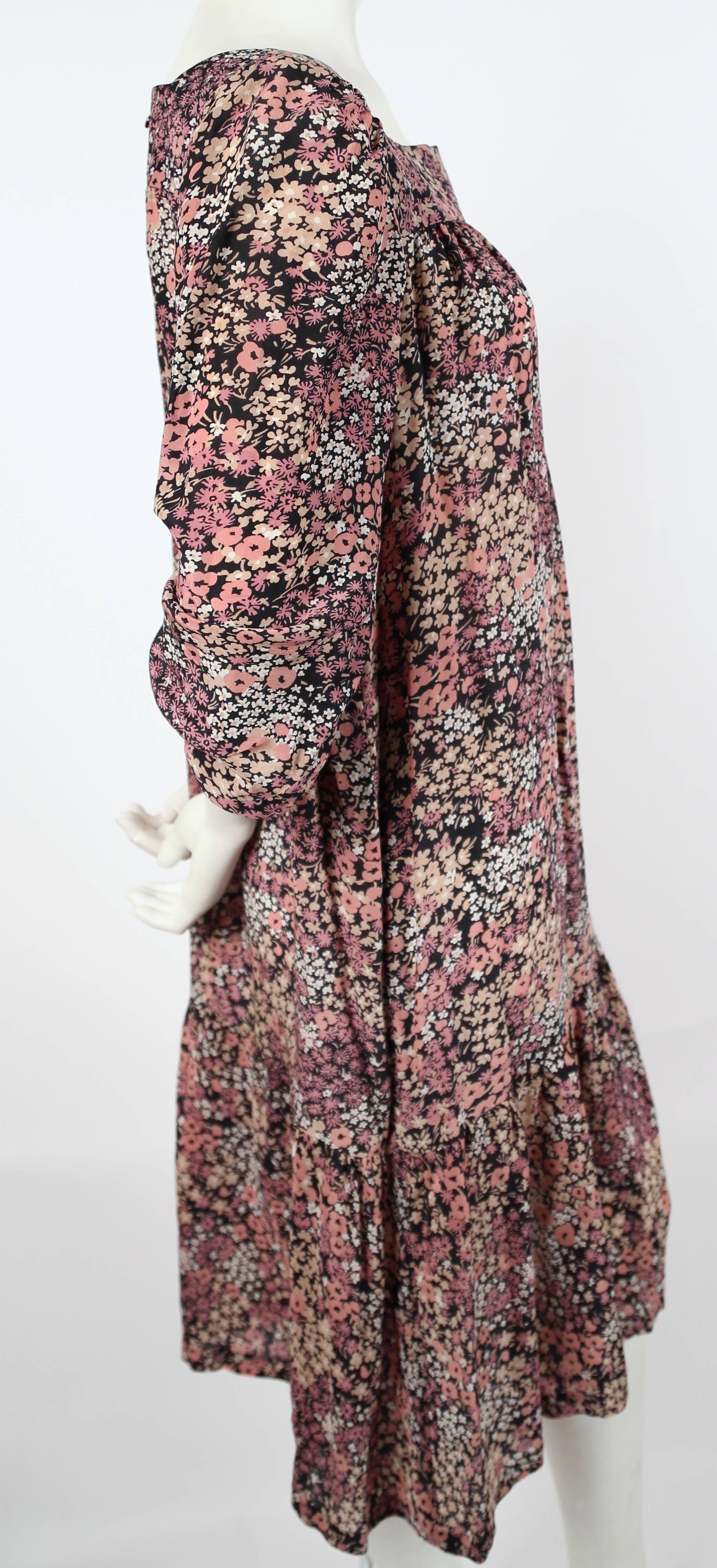 Black 1970's SAINT LAURENT floral printed silk peasant dress