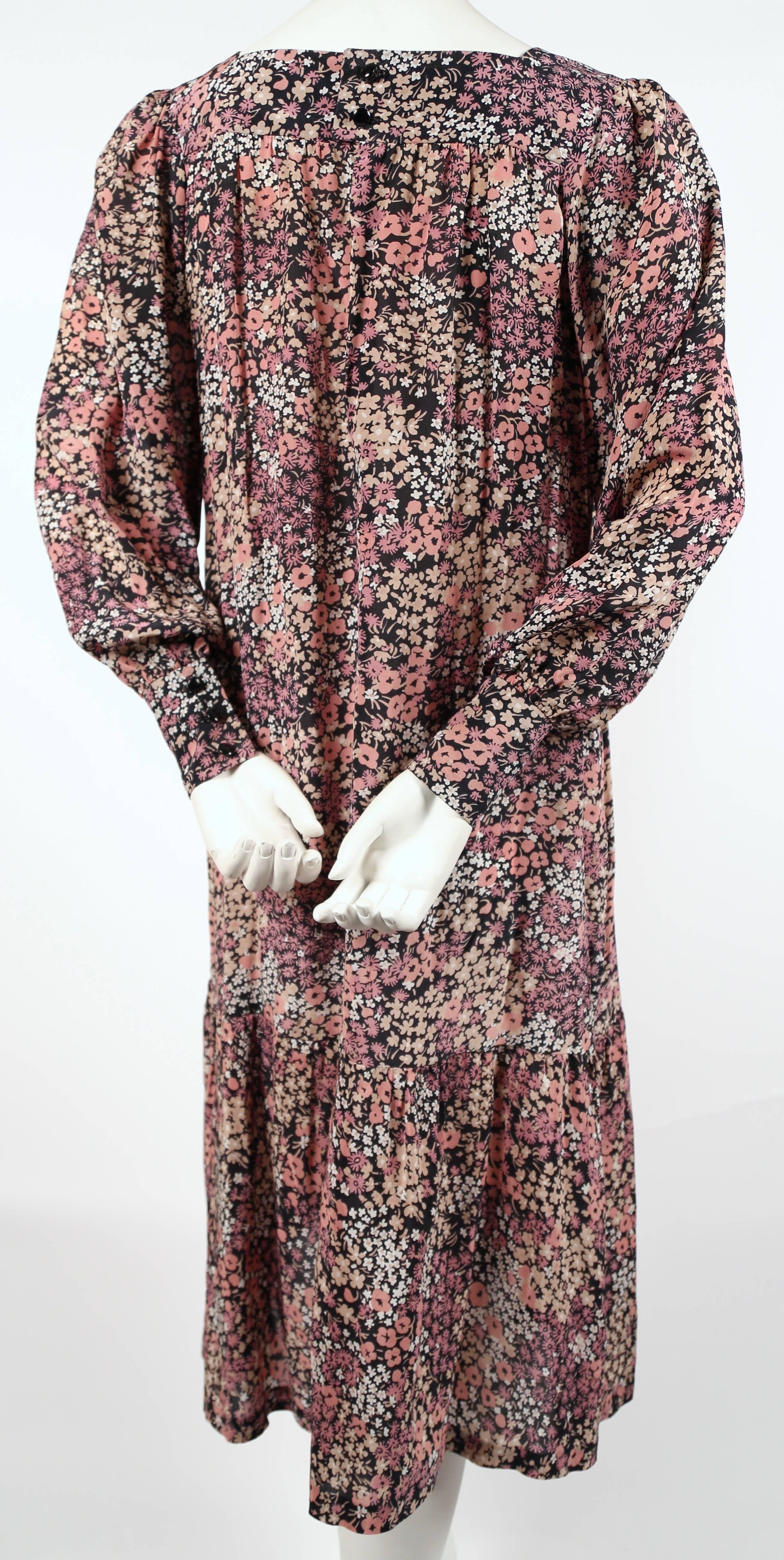 1970's SAINT LAURENT floral printed silk peasant dress In Good Condition In San Fransisco, CA