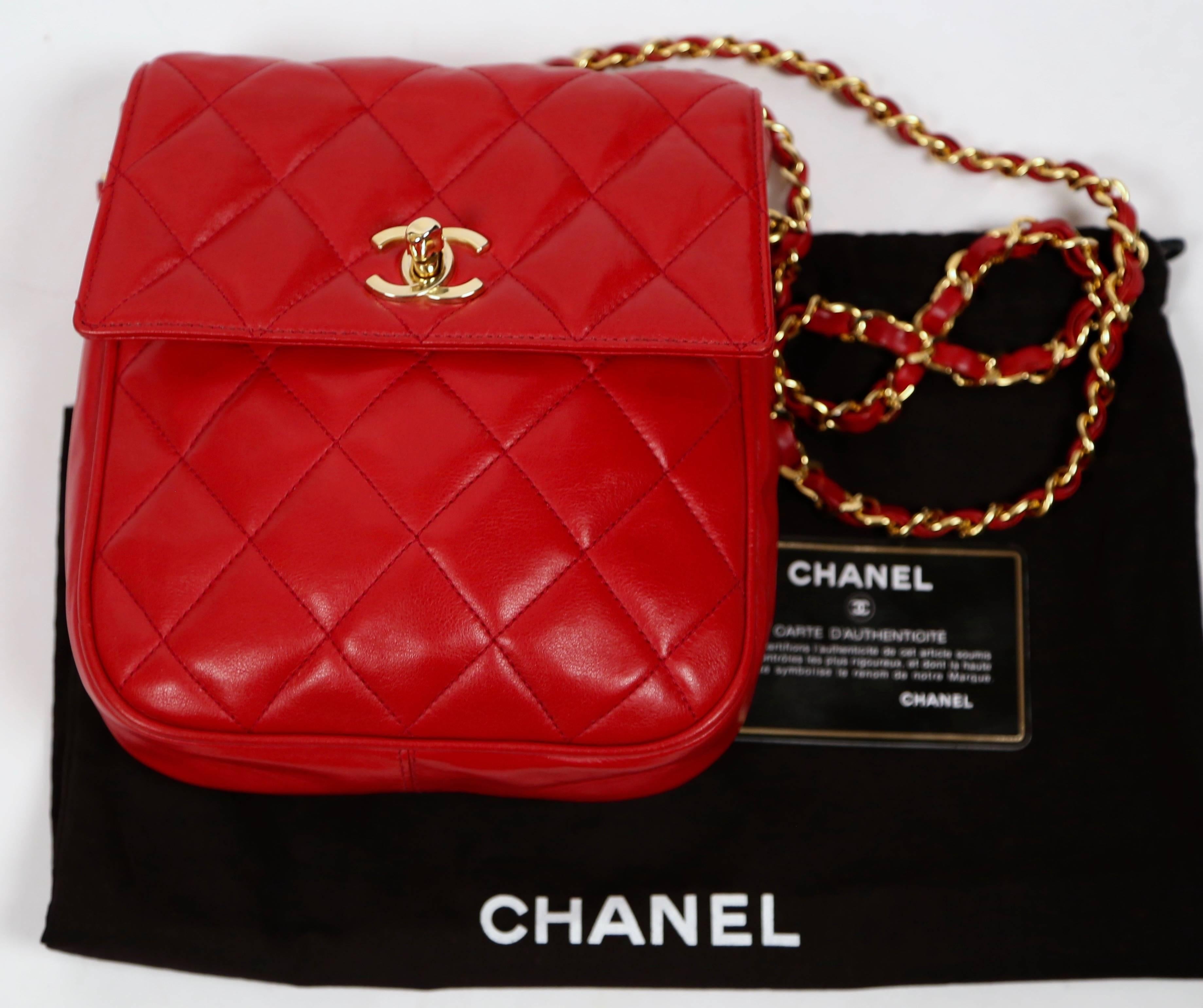 Women's or Men's 1980's CHANEL red quilted leather satchel bag with gold CC turnlock