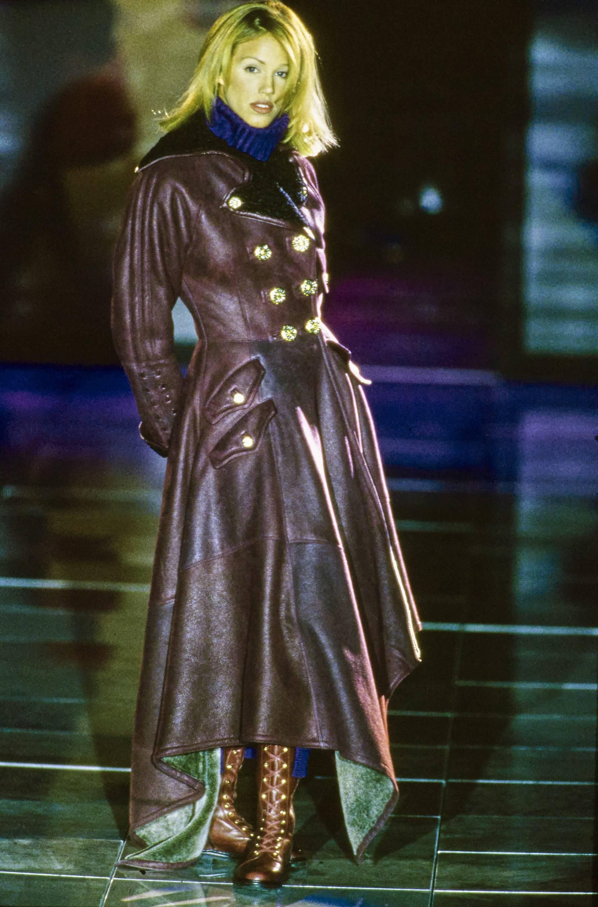 1993 GIANNI VERSACE olive shearling runwy coat with Astrakhan trim 2