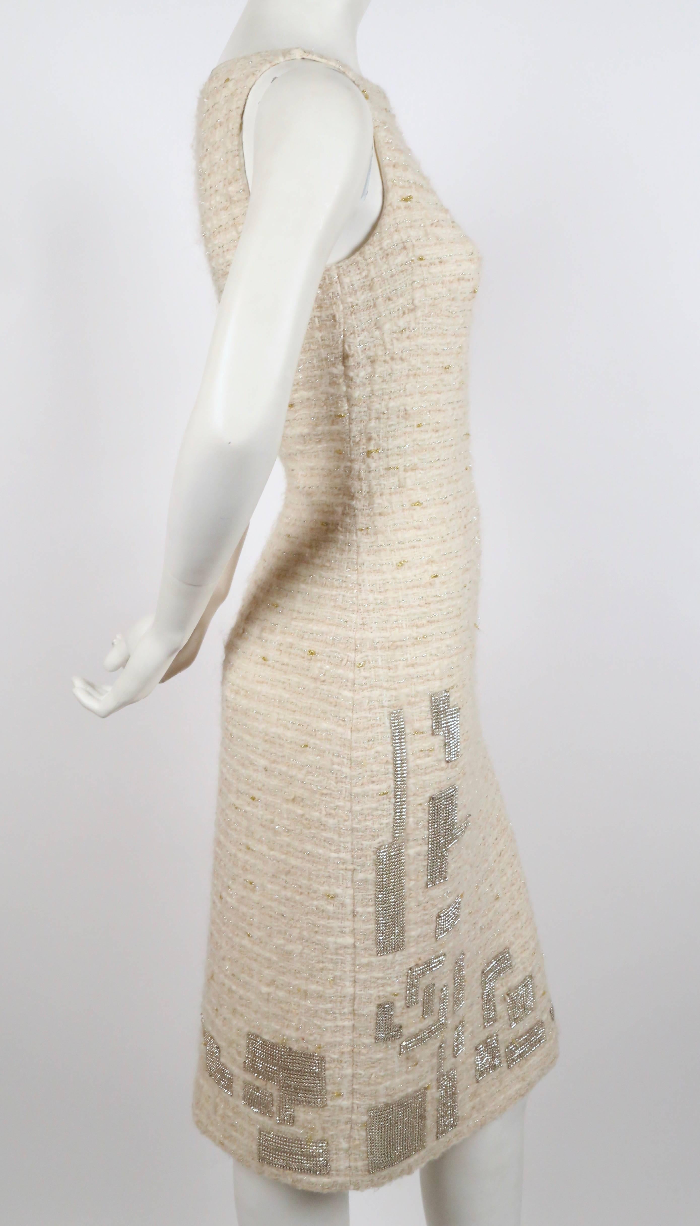 Beige GENNY cream boucle sheath dress with chainmail detail
