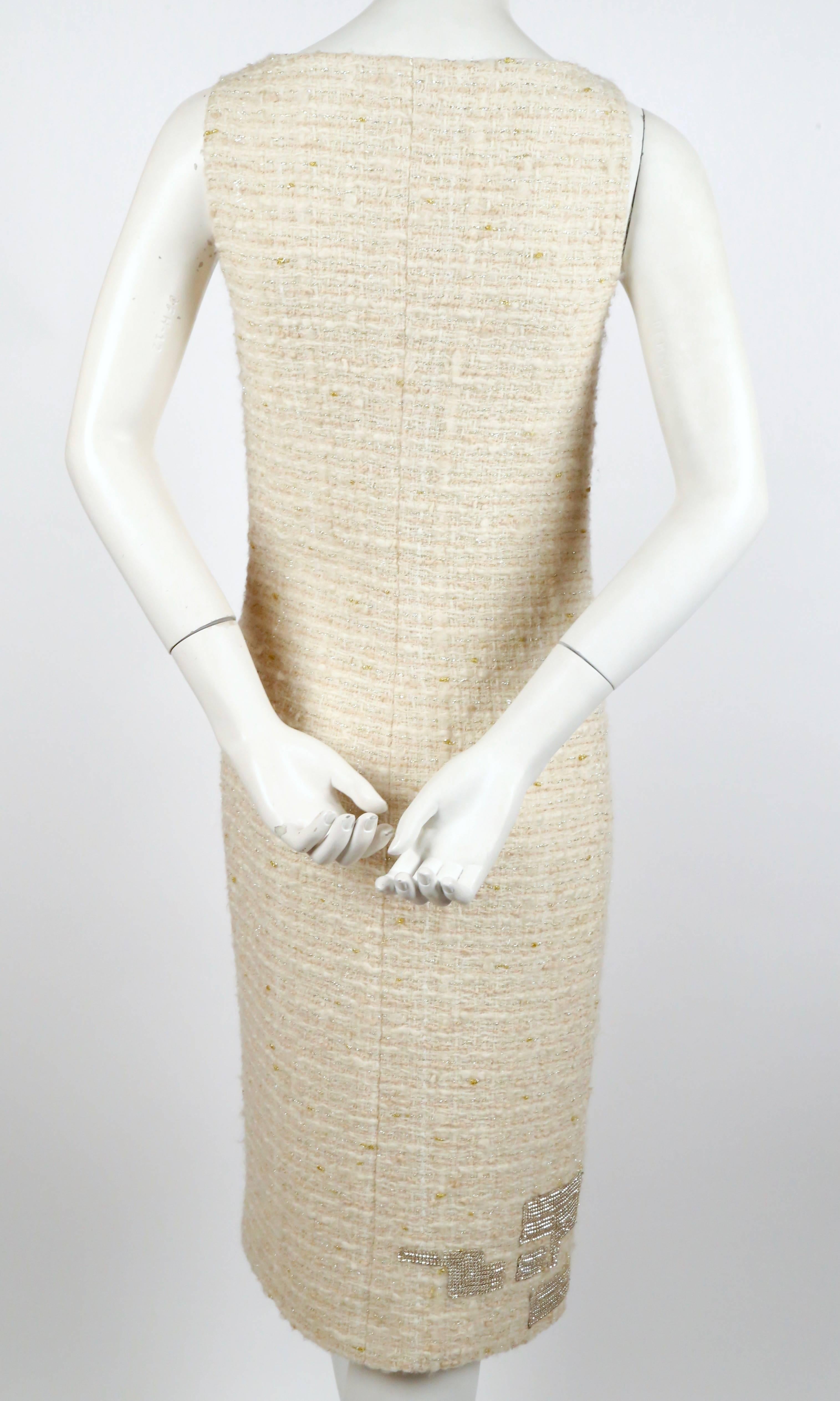 GENNY cream boucle sheath dress with chainmail detail In Good Condition In San Fransisco, CA
