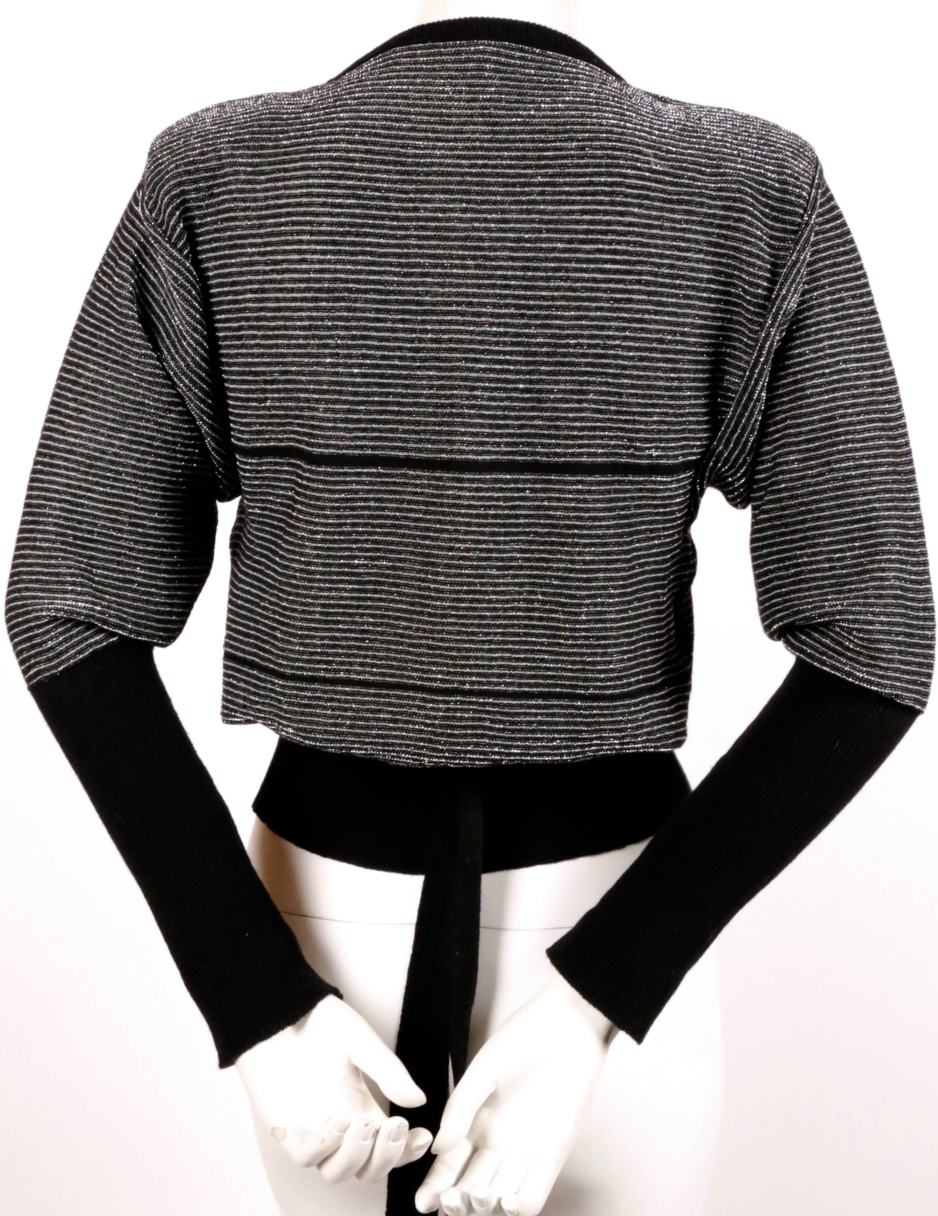 1970's SONIA RYKIEL black and silver lurex striped sweater with satin bowtie In Excellent Condition In San Fransisco, CA