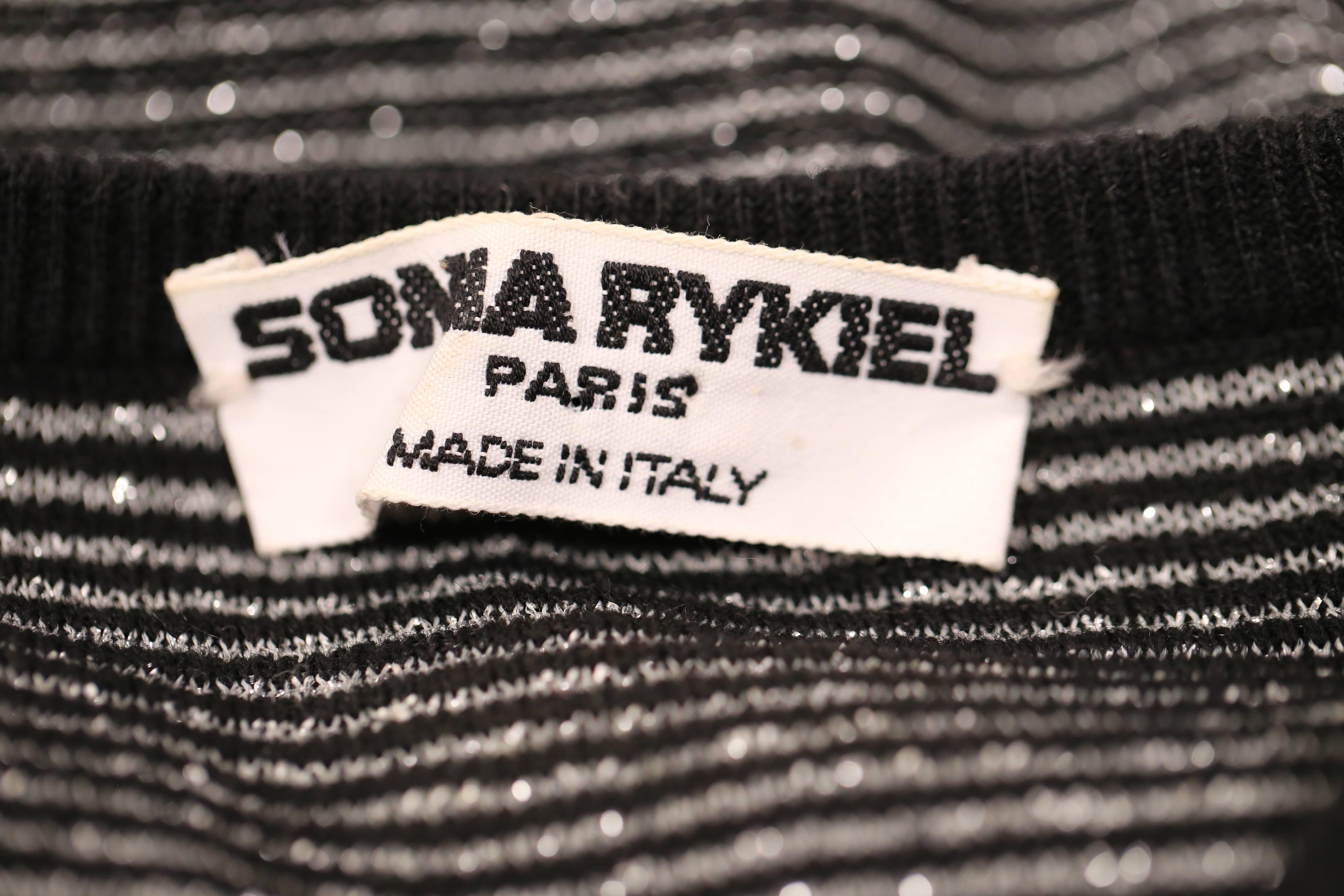 Women's or Men's 1970's SONIA RYKIEL black and silver lurex striped sweater with satin bowtie