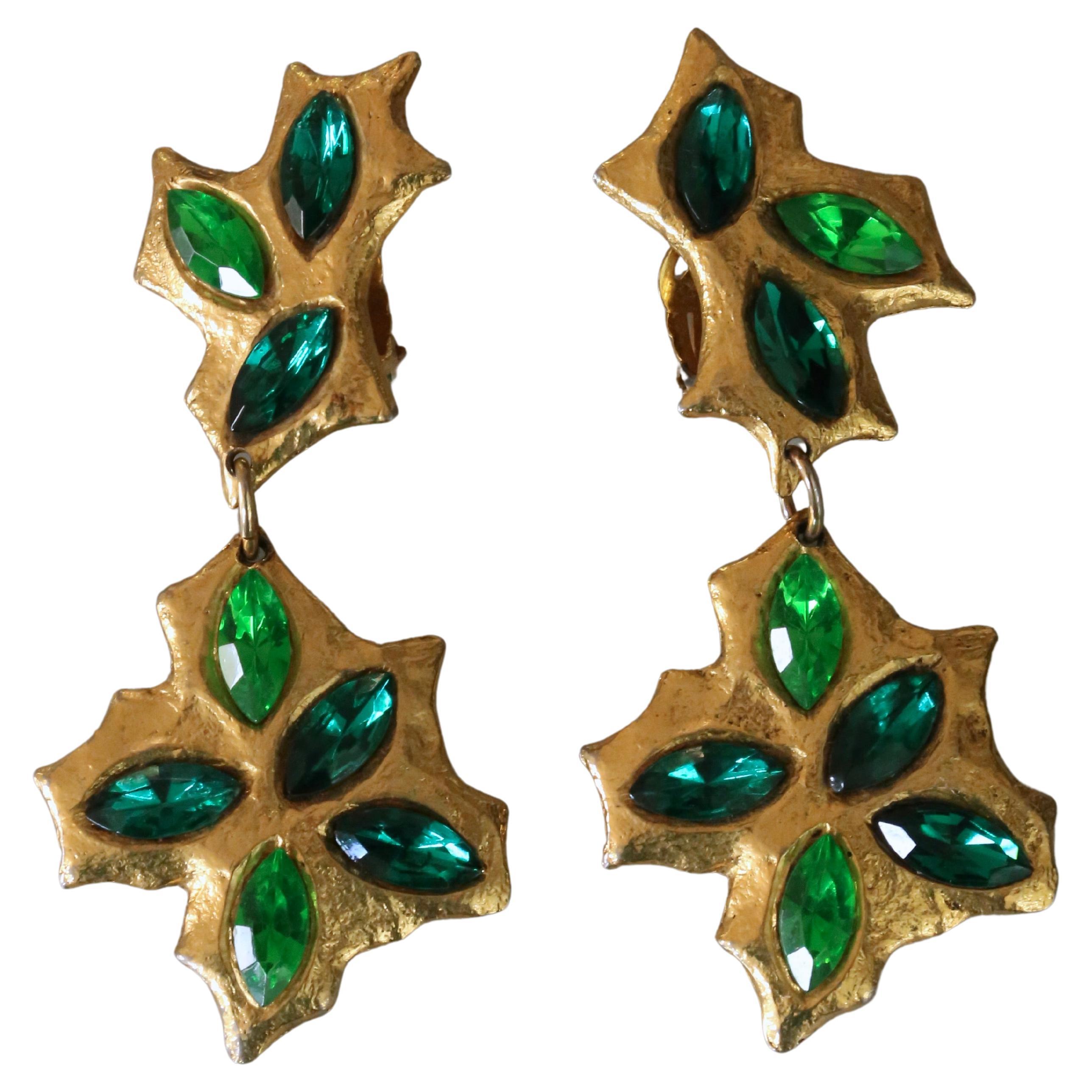 1990's Carole Saint Germes gilt metal drop earrings with green rhinestones For Sale