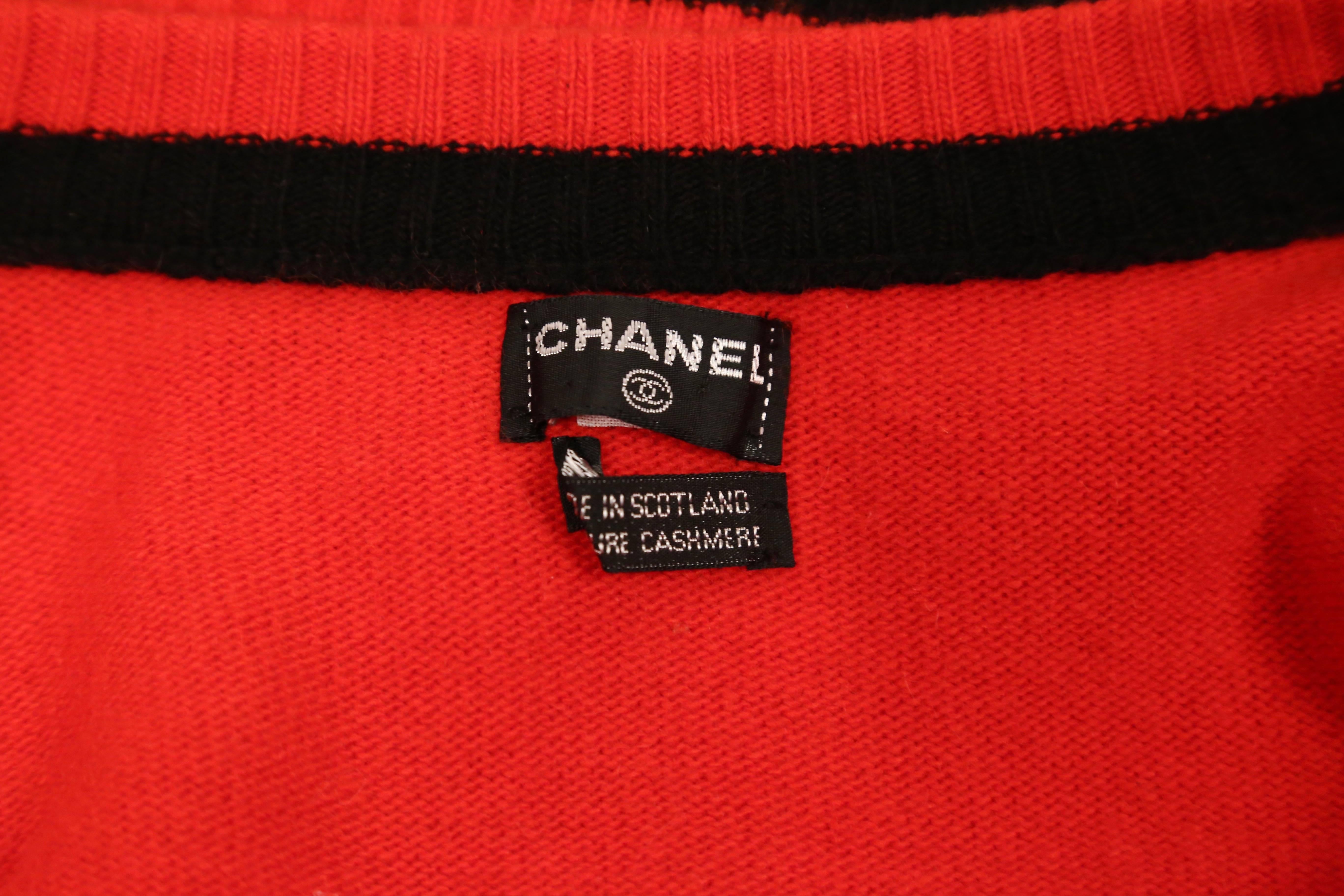 Red 1980's CHANEL red and black cashmere cardigan sweater