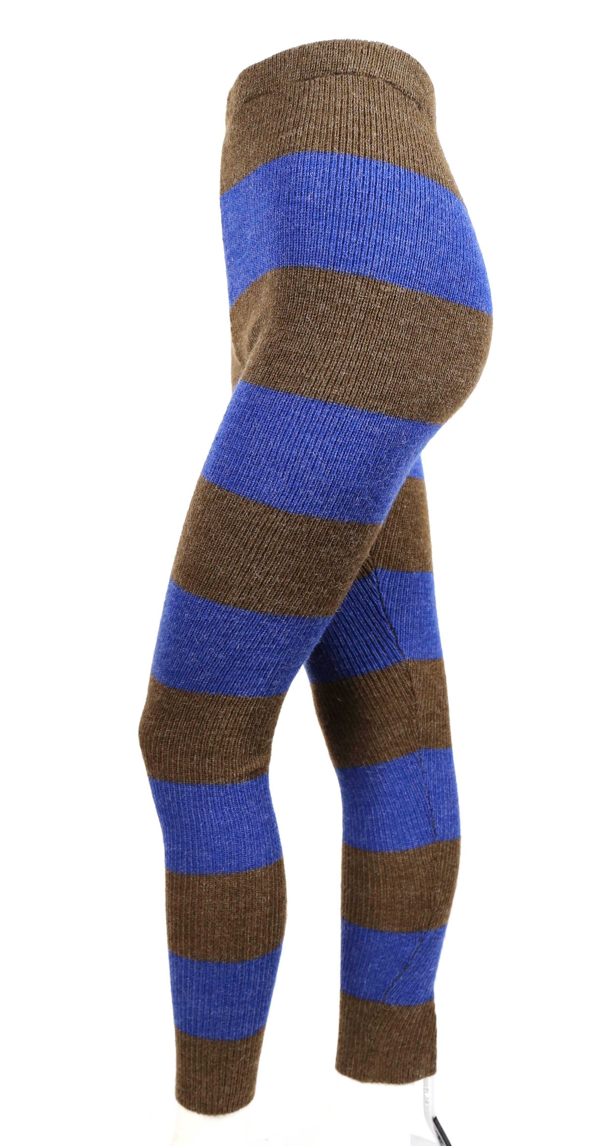 1970's ISSEY MIYAKE heathered brown & cobalt blue striped knit leggings In Excellent Condition In San Fransisco, CA