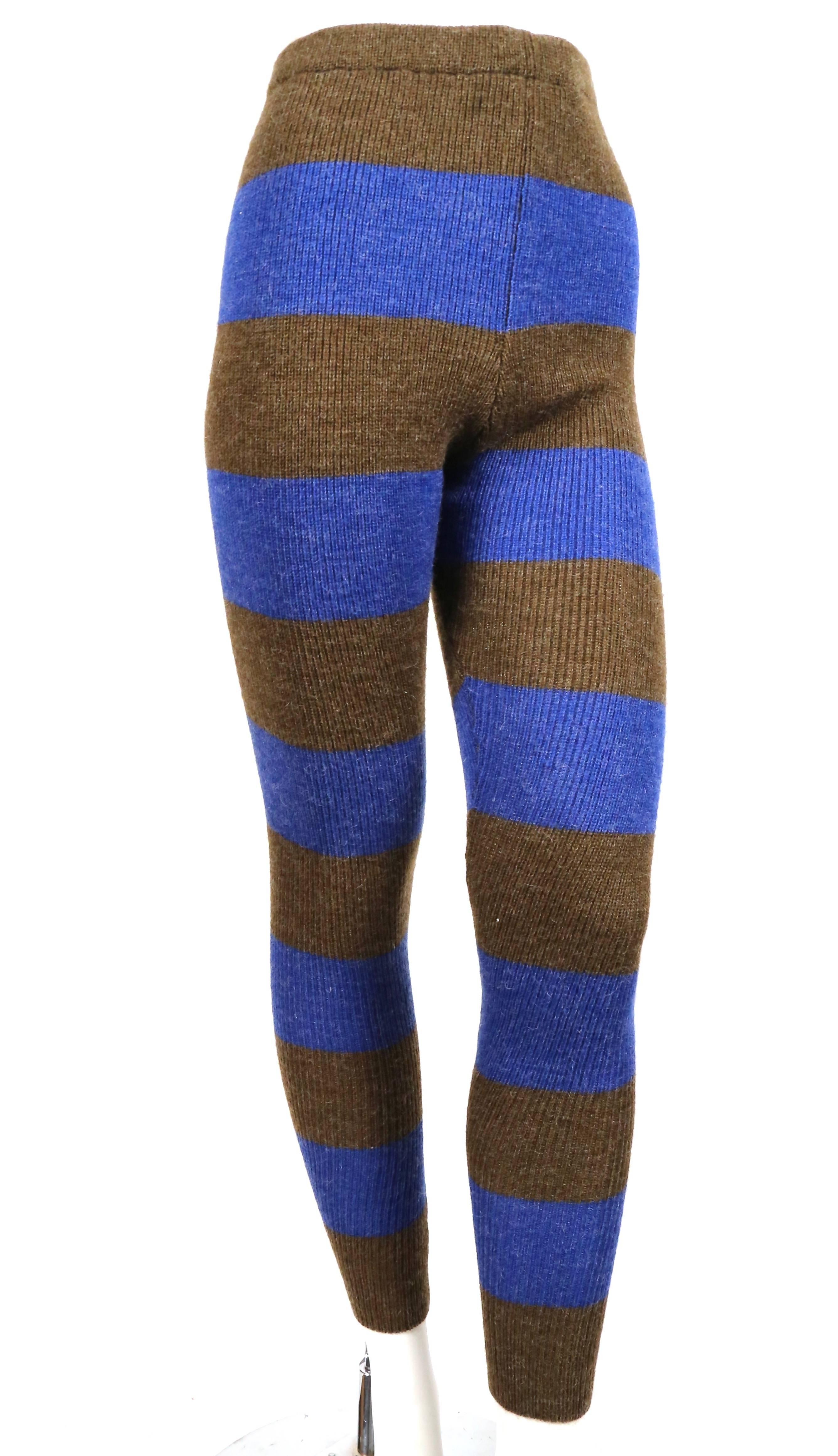 Very rare heathered brown and cobalt blue striped  knit leggings from Issey Miyake dating to the late 1970's. Labeled a size S/M. Approximate measurements (unstretched): waist 24", rise 13.75", hips 30", inseam 31" and overall