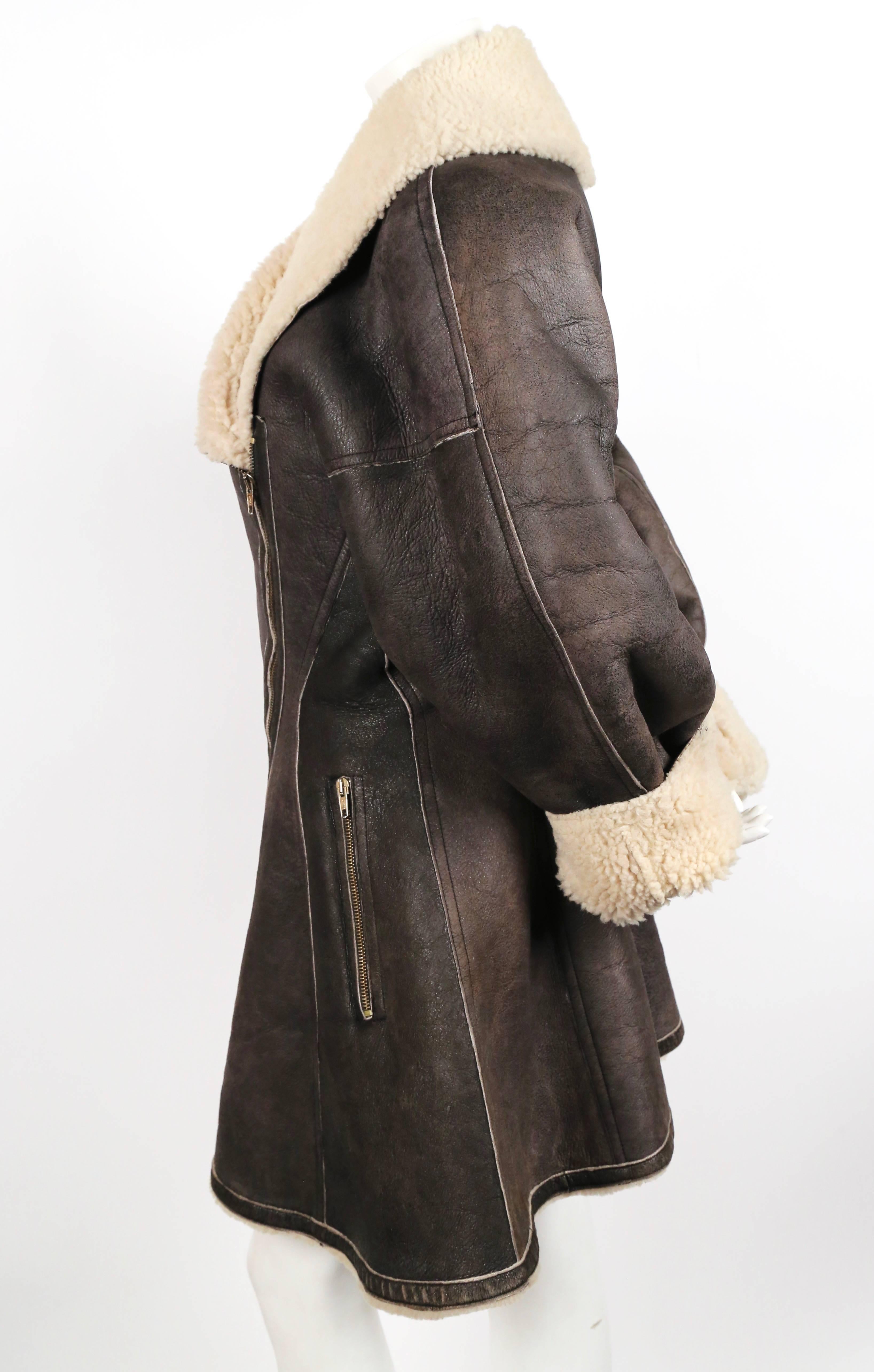 Women's or Men's 1987 AZZEDINE ALAIA flared brown shearling coat with shawl collar