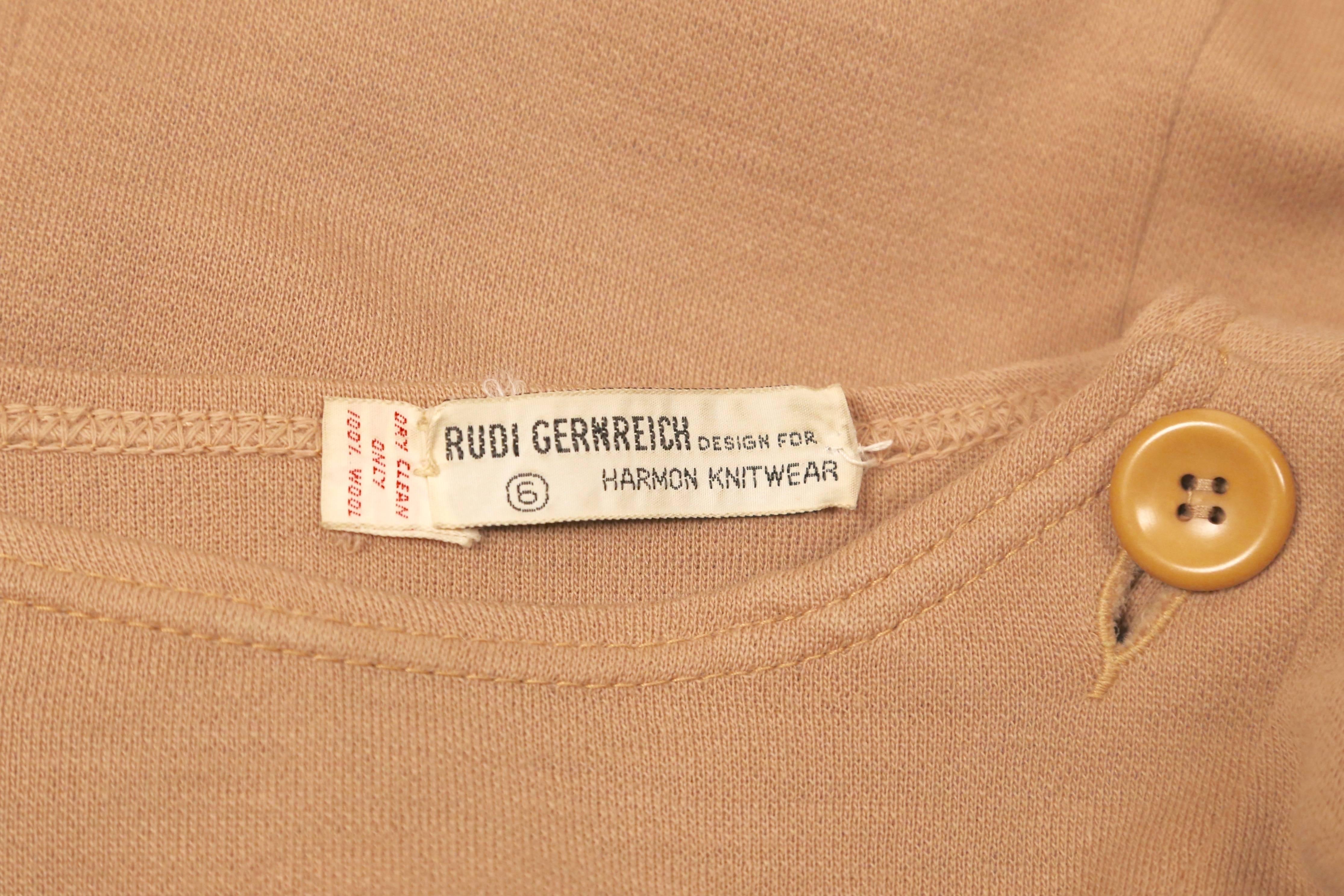 Women's or Men's 1960's RUDI GERNREICH tan dress with asymmetrically buttoned side