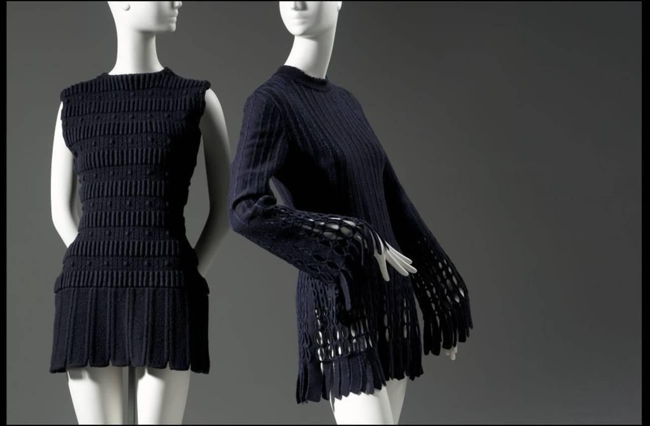 1991 AZZEDINE ALAIA black and navy blue accented fringed mini dress  1