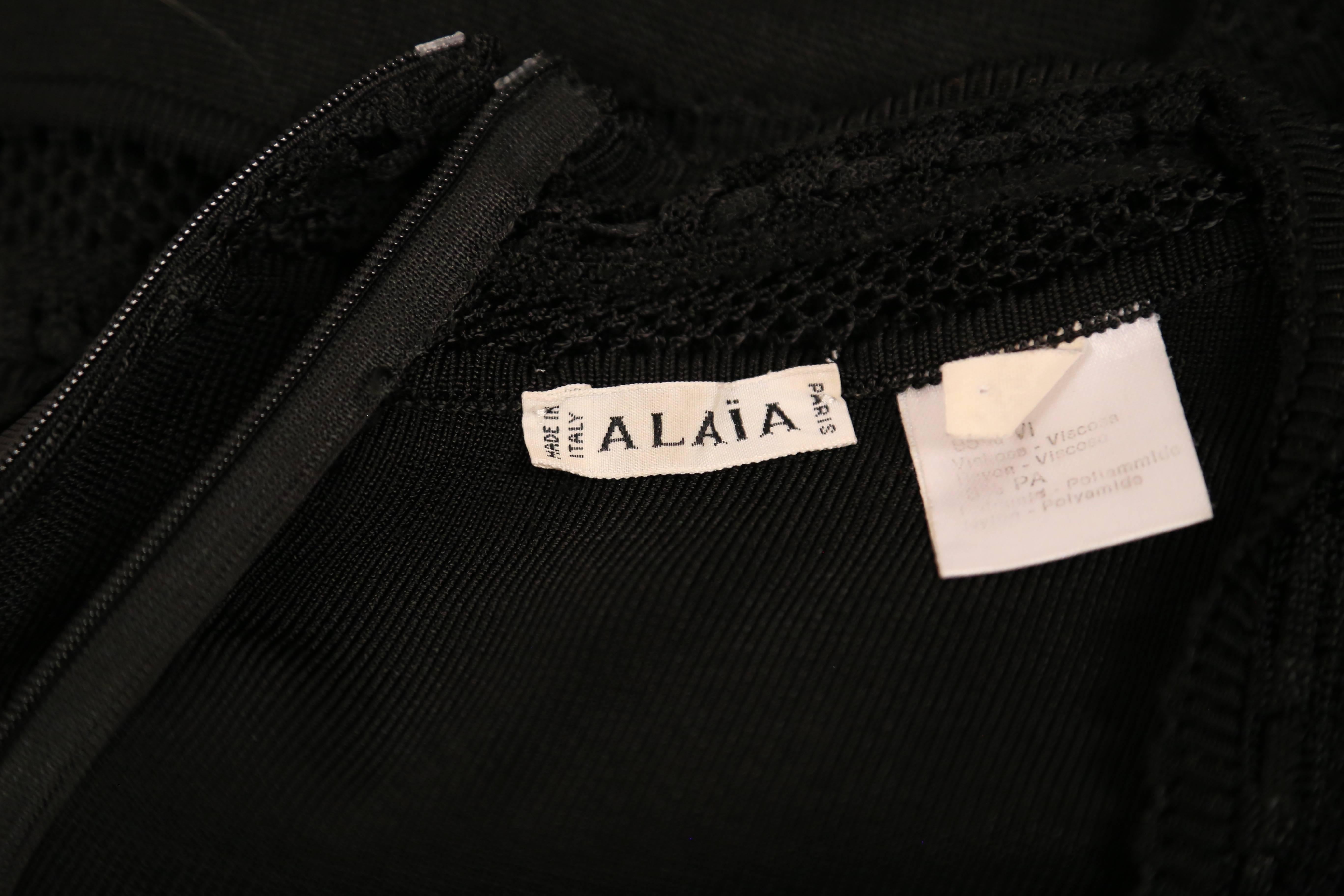 1993 AZZEDINE ALAIA jet black long sleeveless dress with open lace knit panels In Good Condition In San Fransisco, CA