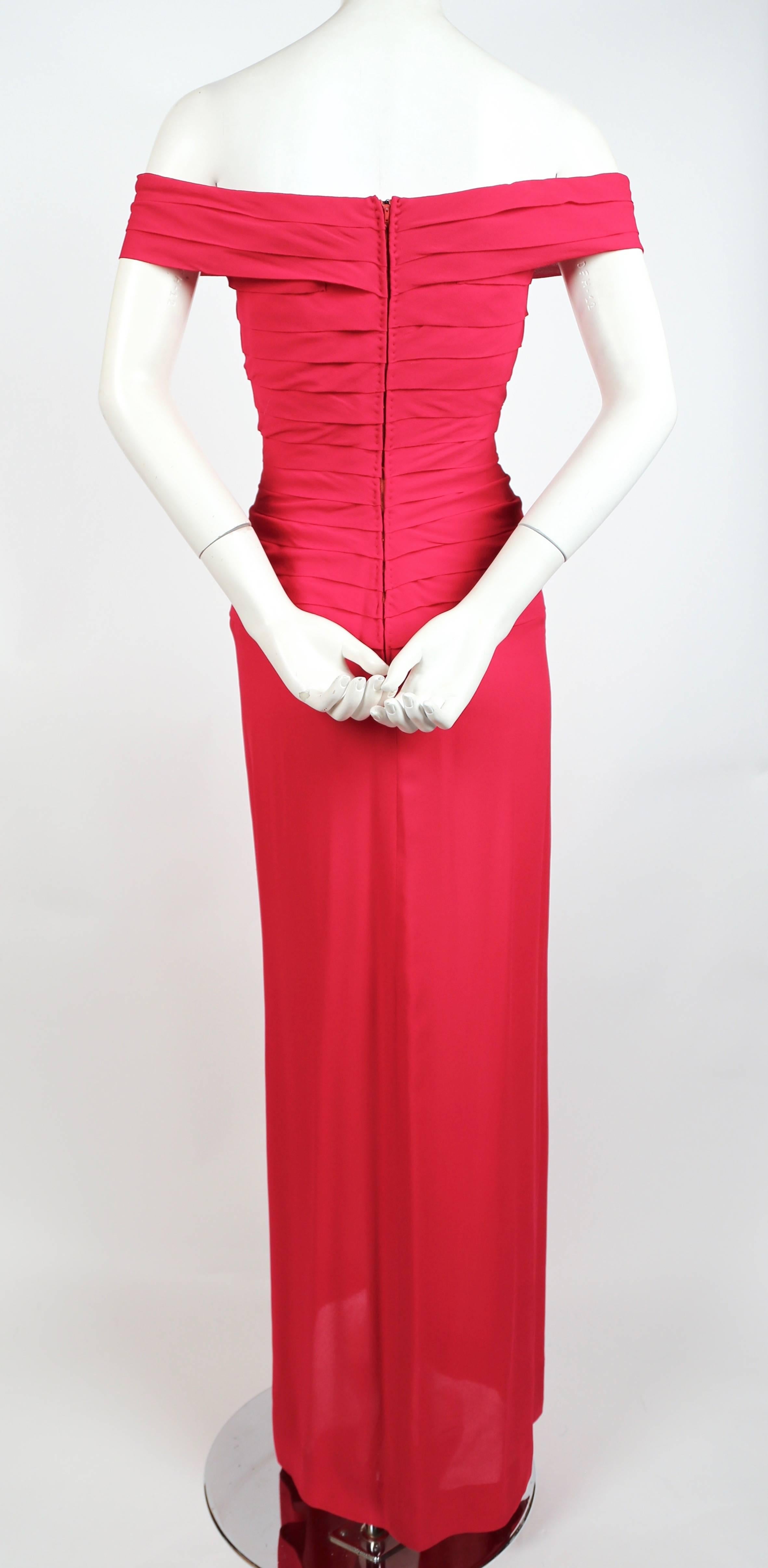 1970's LORIS AZZARO haute couture fuchsia silk gown with horizontal pleating In Excellent Condition In San Fransisco, CA