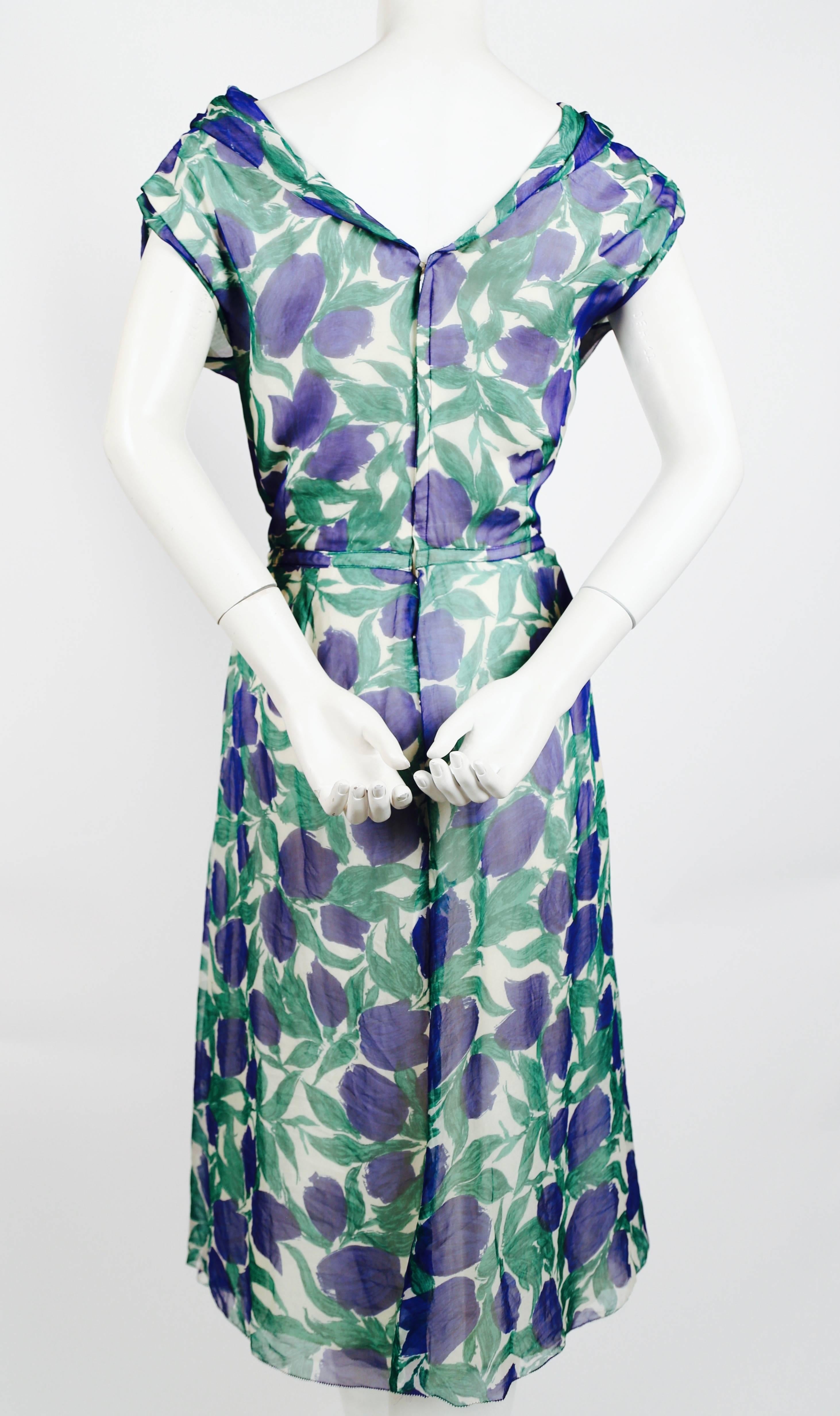 Blue 1950's BONWIT TELLER vibrant floral silk dress