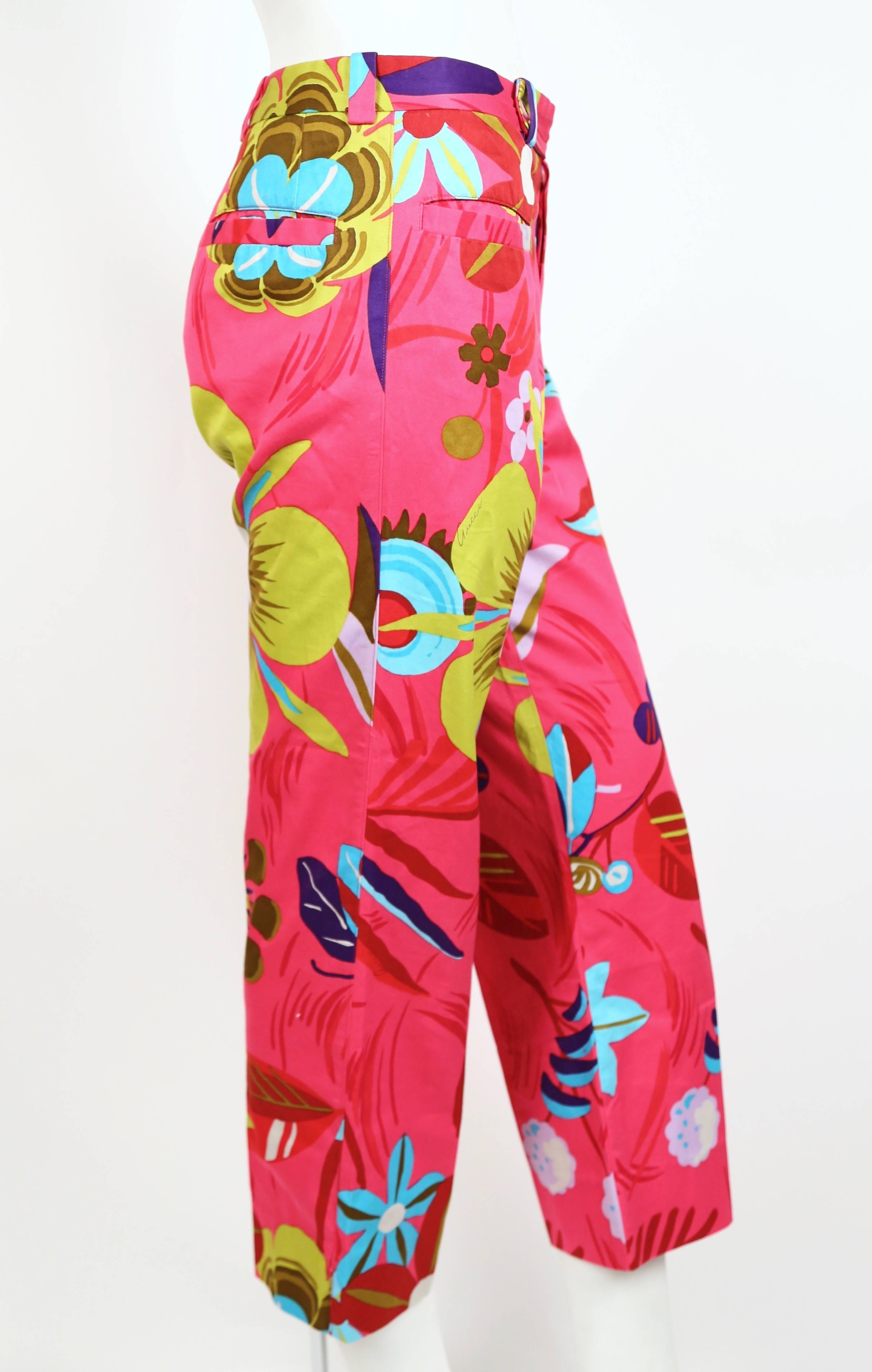 Vibrant floral printed pants with low rise and wide cropped legs designed by Tom Ford for Gucci dating to spring of 1999. Exactly as seen on the runway. Italian size 38. Approximate measurements: low waist 28.5