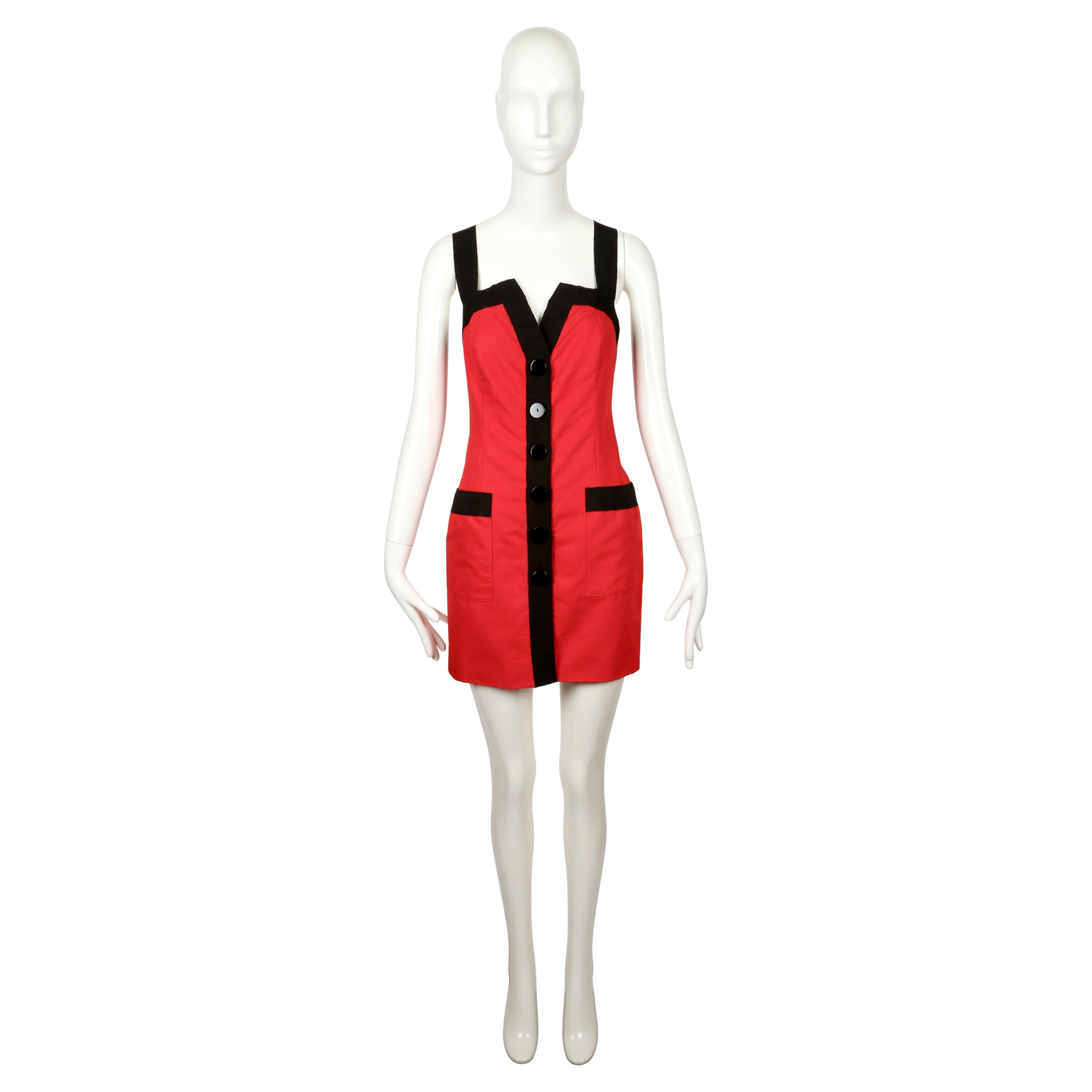 1990er Jahre YVES SAINT LAURENT rotes Baumwollkleid mit schwarzem grosgrain-Besatz