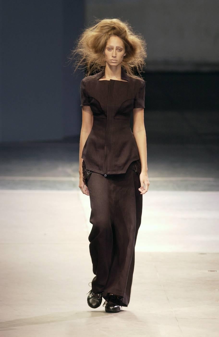 2005 YOHJI YAMAMOTO black linen runway jacket with lace inserts 2