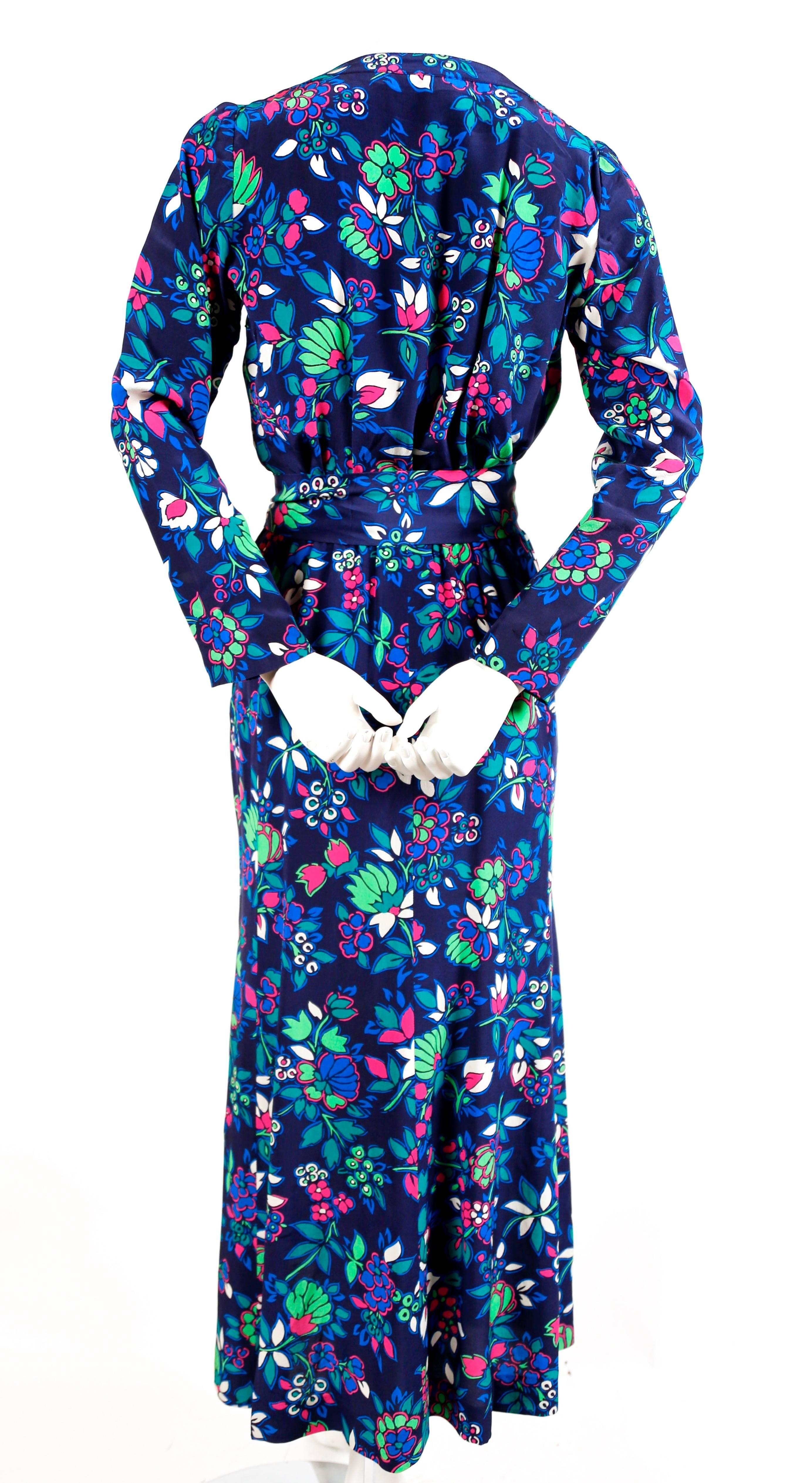 vintage YVES SAINT LAURENT floral dress with long waist tie In Excellent Condition In San Fransisco, CA