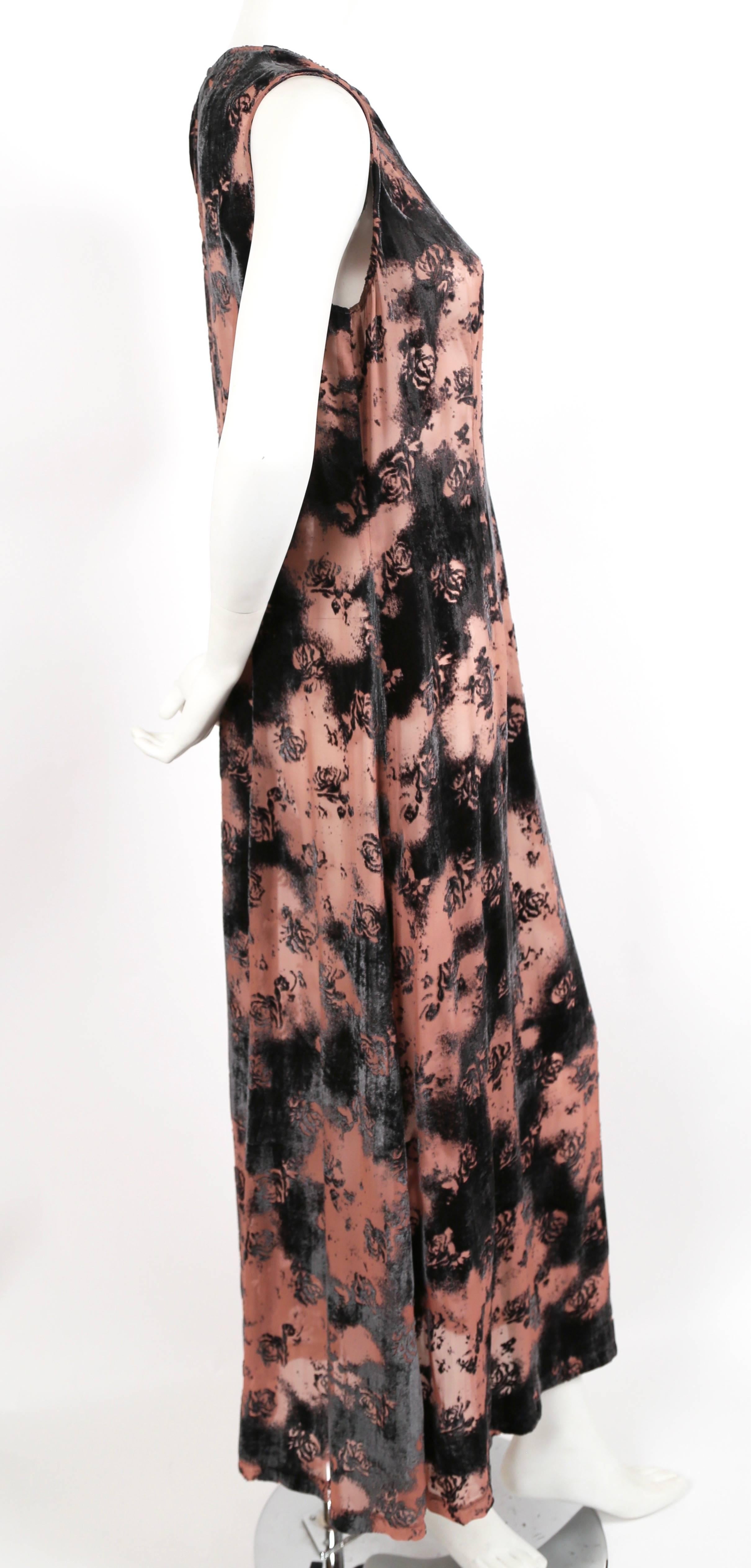 Soft pink and black velvet maxi semi-sheer dress designed by Ann Demeulemeester dating to the 1990's. Belgian size 38 which best fits a US 4 or 6. Approximate measurements: bust 36