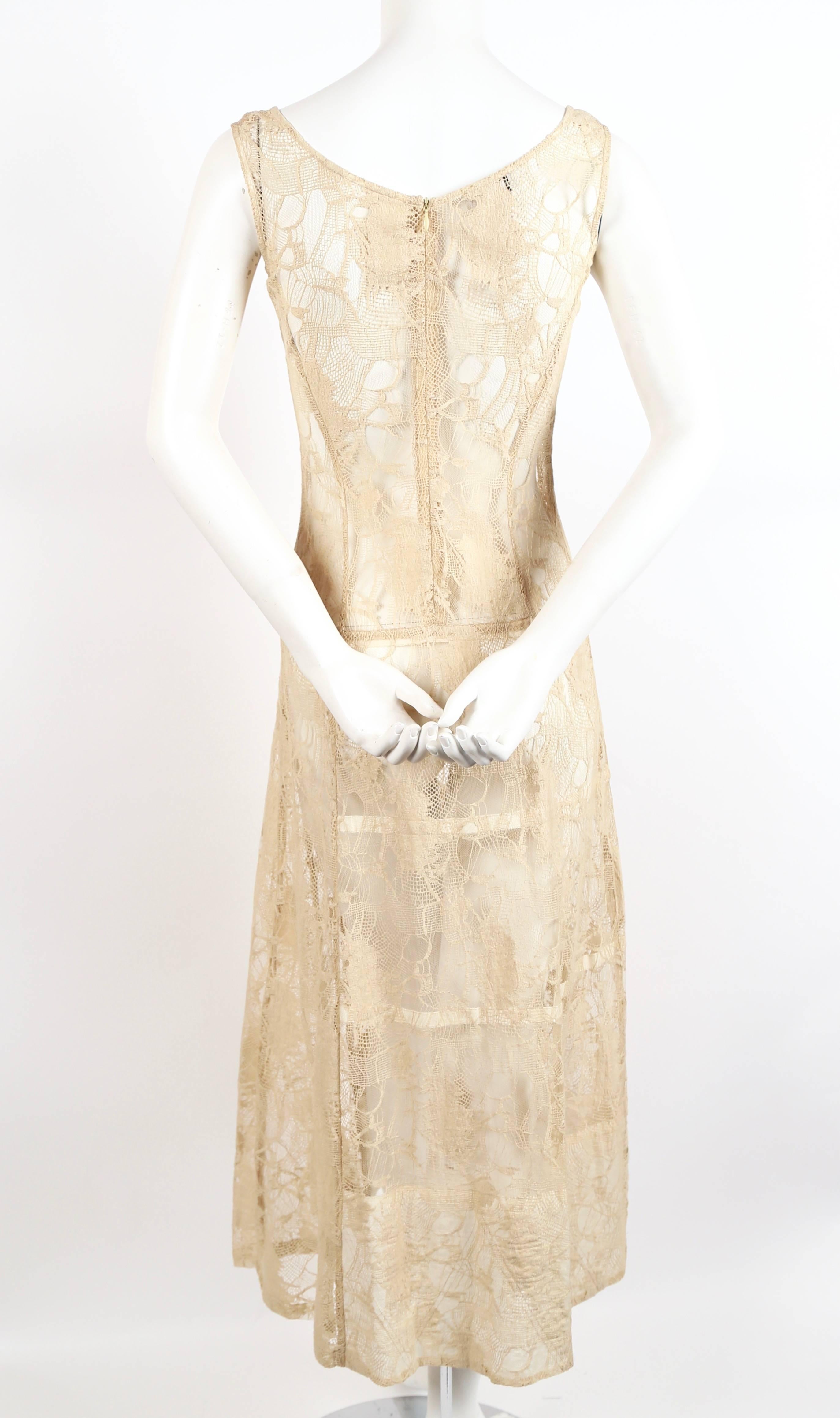 Beige 1990's DRIES VAN NOTEN cream seamed semi-sheer lace dress