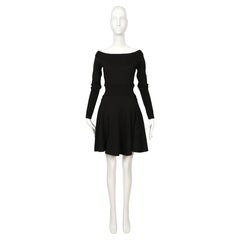 1987 AZZEDINE ALAIA black wool RUNWAY dress with off the shoulder neckline M