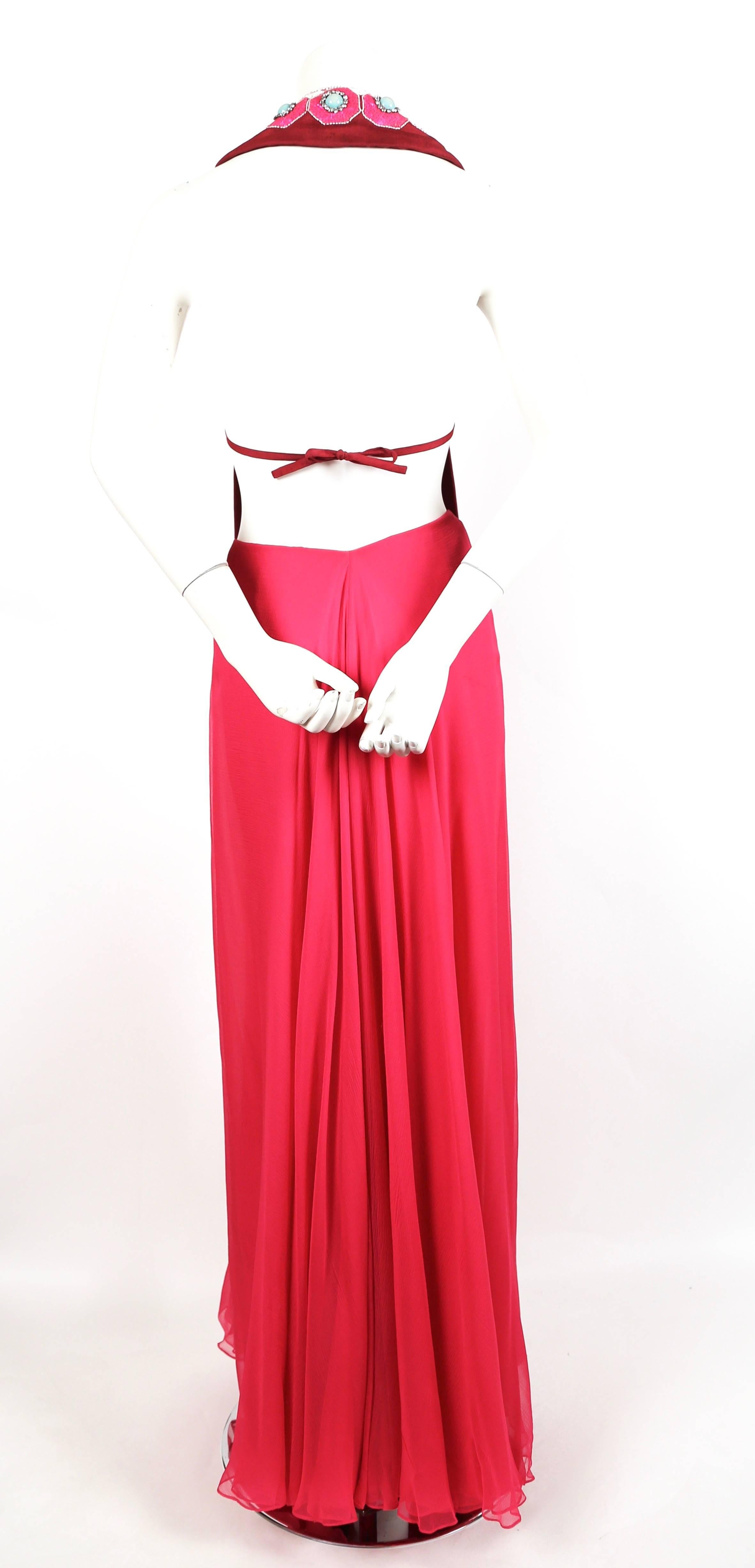 Red Madame Gres fuchsia beaded slub silk tabard silk chiffon skirt ensemble, 1960s