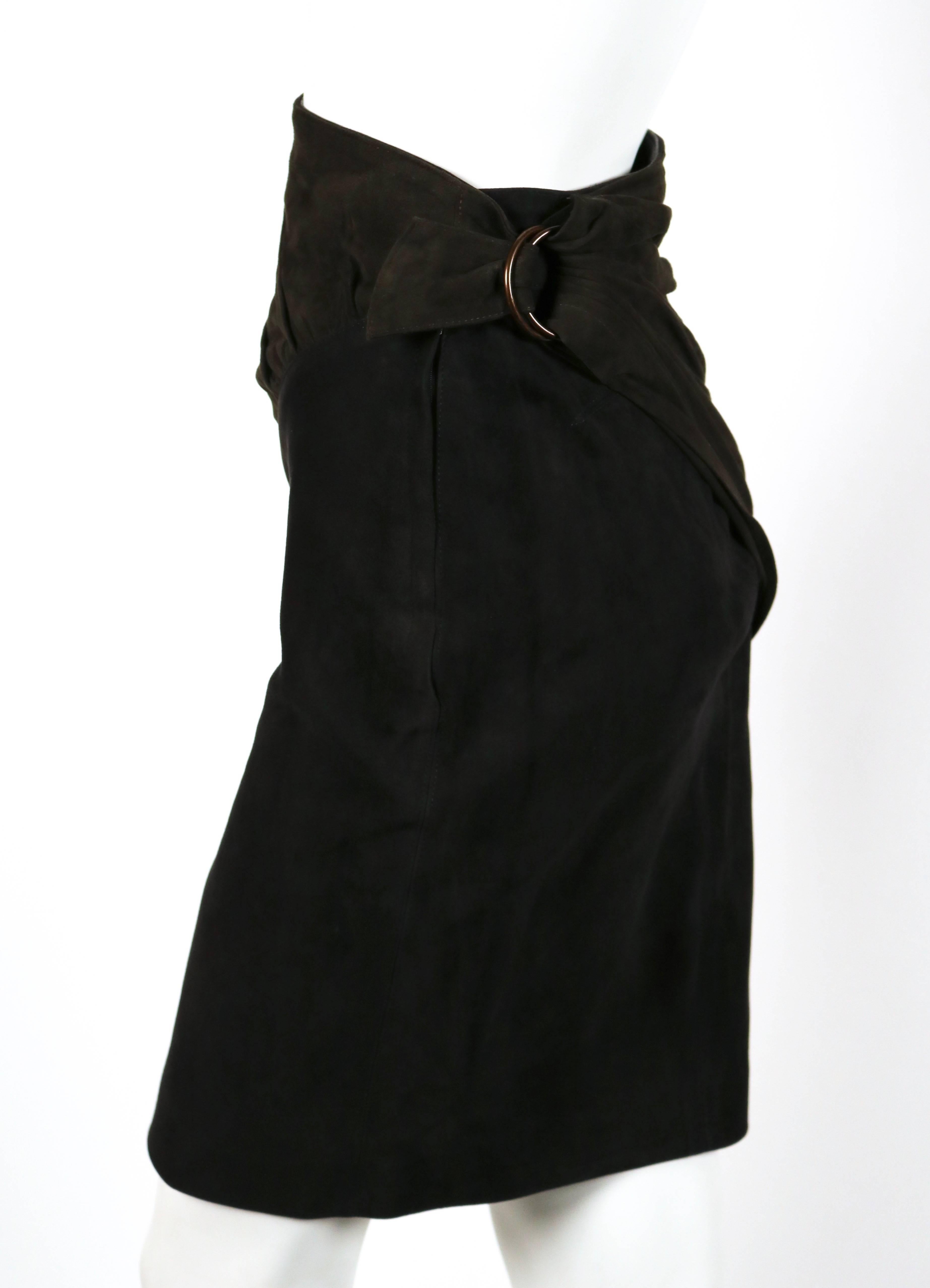 Black 1990 AZZEDINE ALAIA olive and black suede skirt with ruching and buckle
