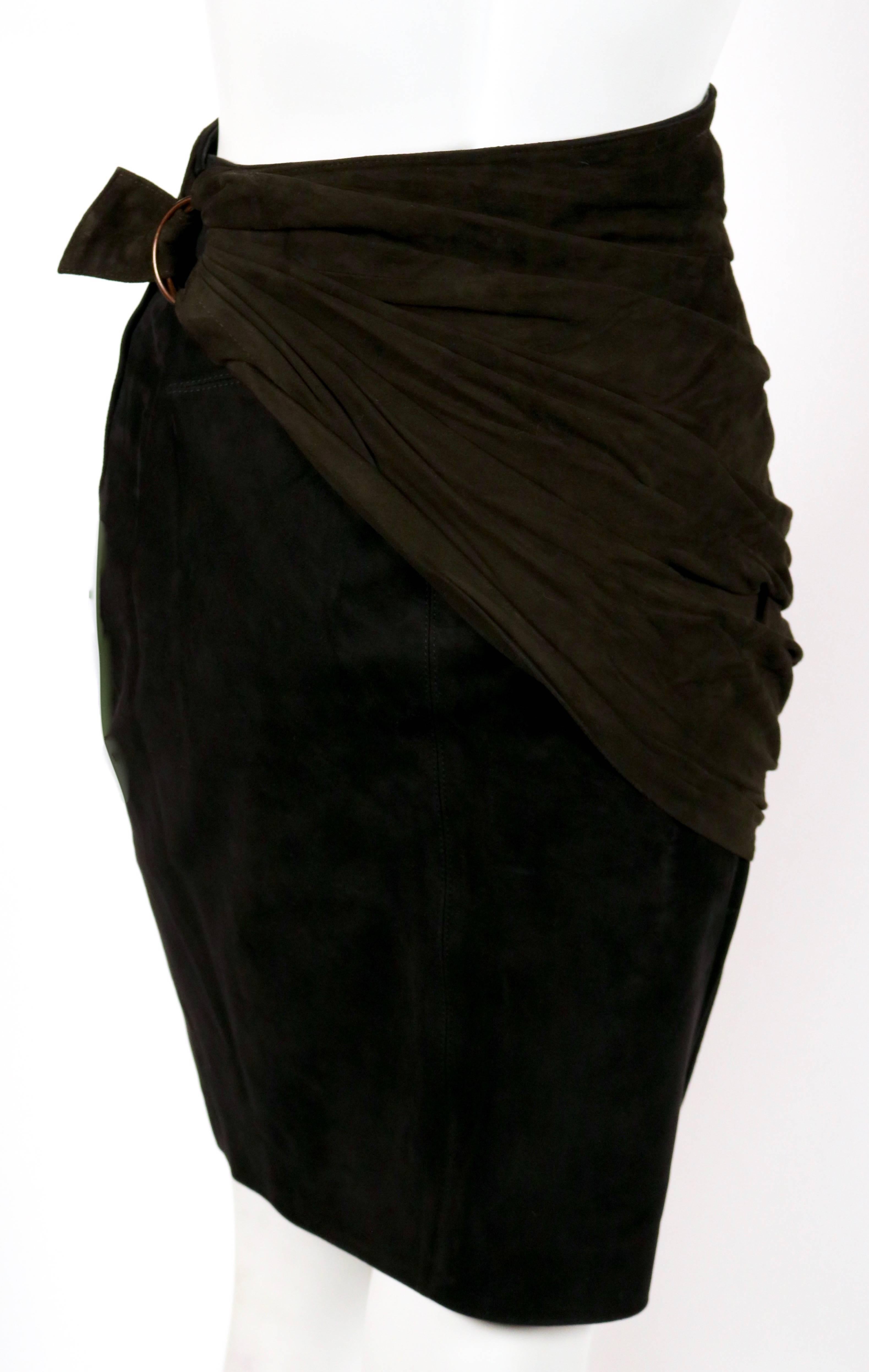 1990 AZZEDINE ALAIA olive and black suede skirt with ruching and buckle In Good Condition In San Fransisco, CA