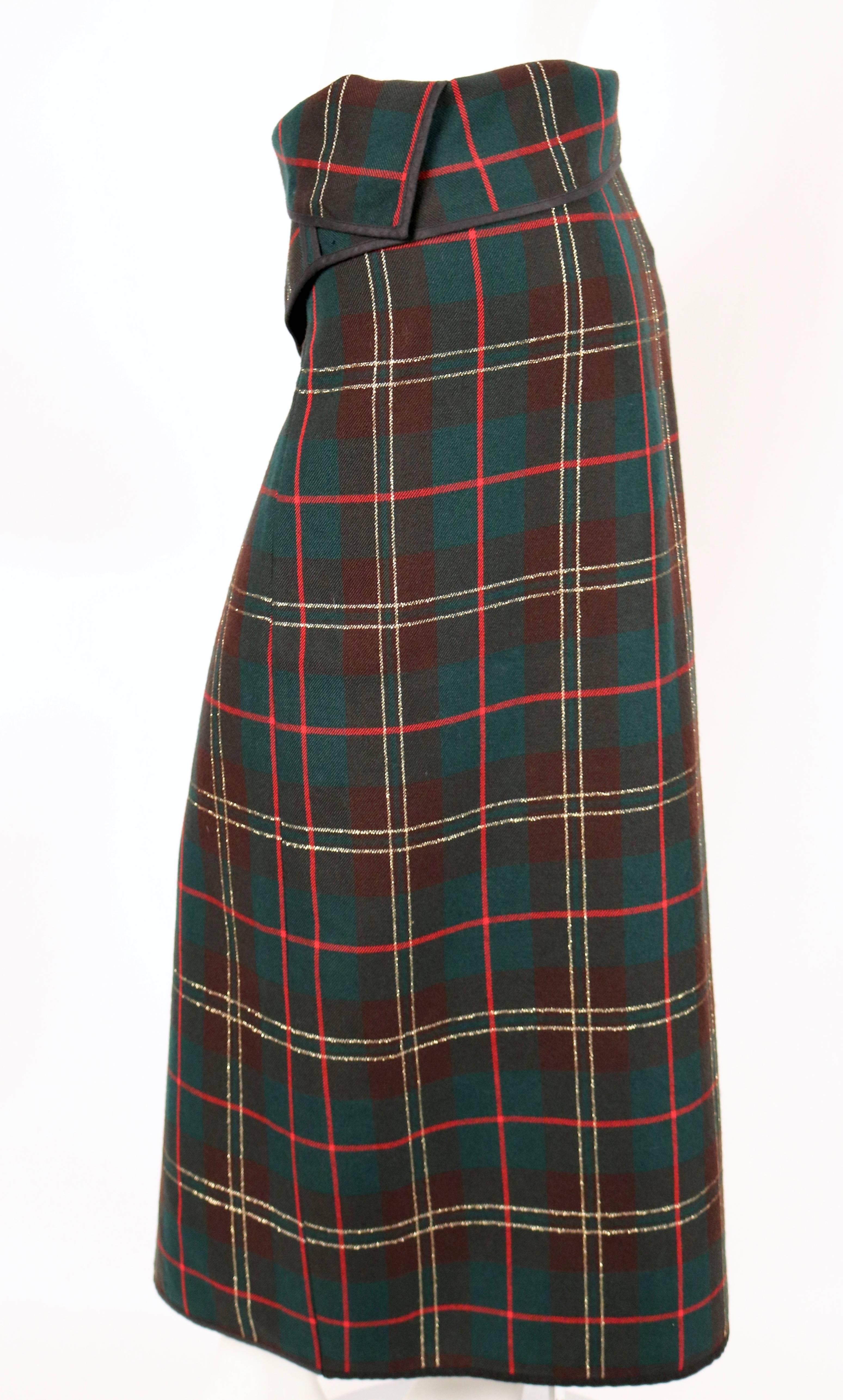 Black 1999 COMME DES GARCONS tartan wool & lurex wrap skirt with safety pin