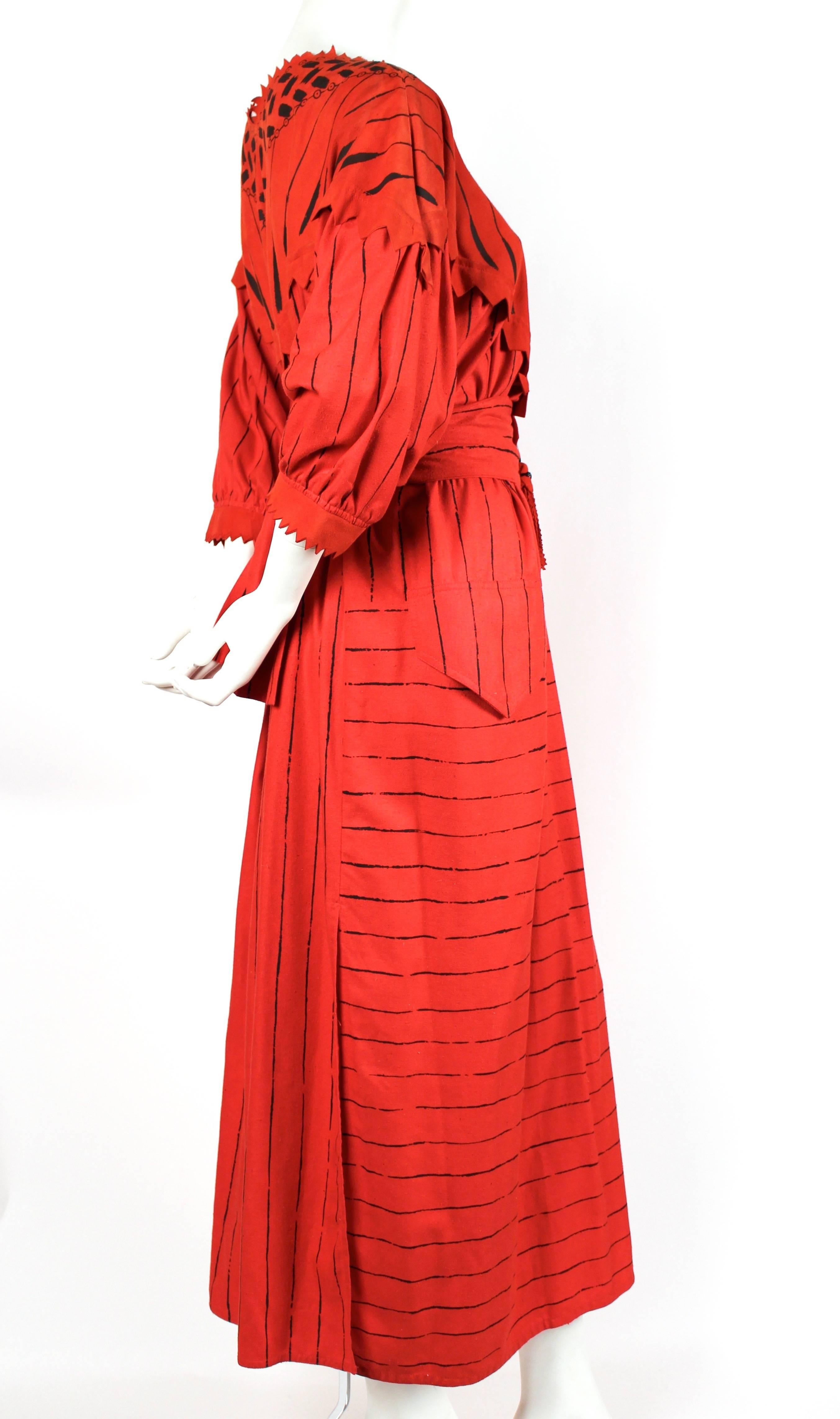 Red Zandra Rhodes hand painted raw silk and leather dress, 1980s