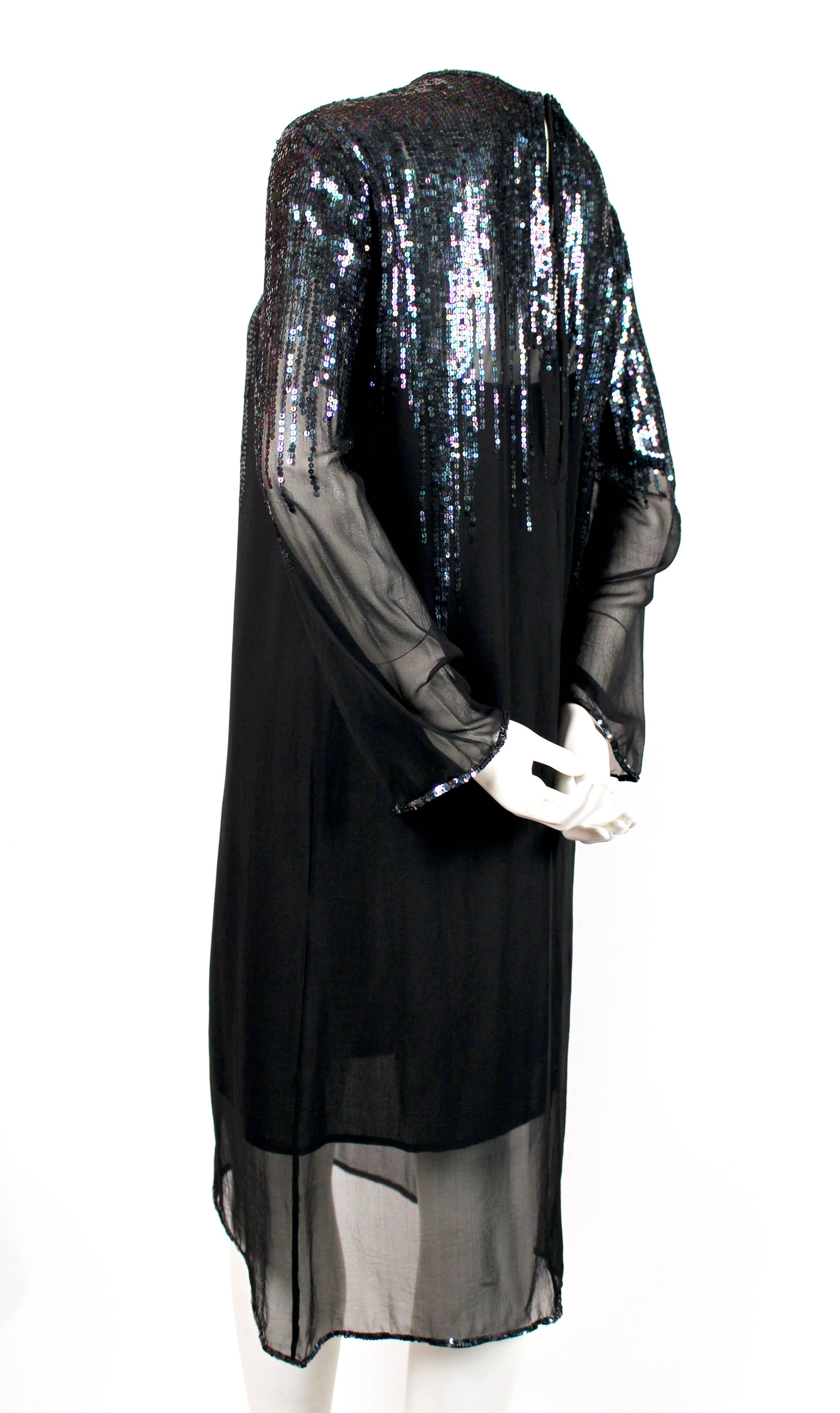 Black 1970's HALSTON black sheer silk dress with sequined detail