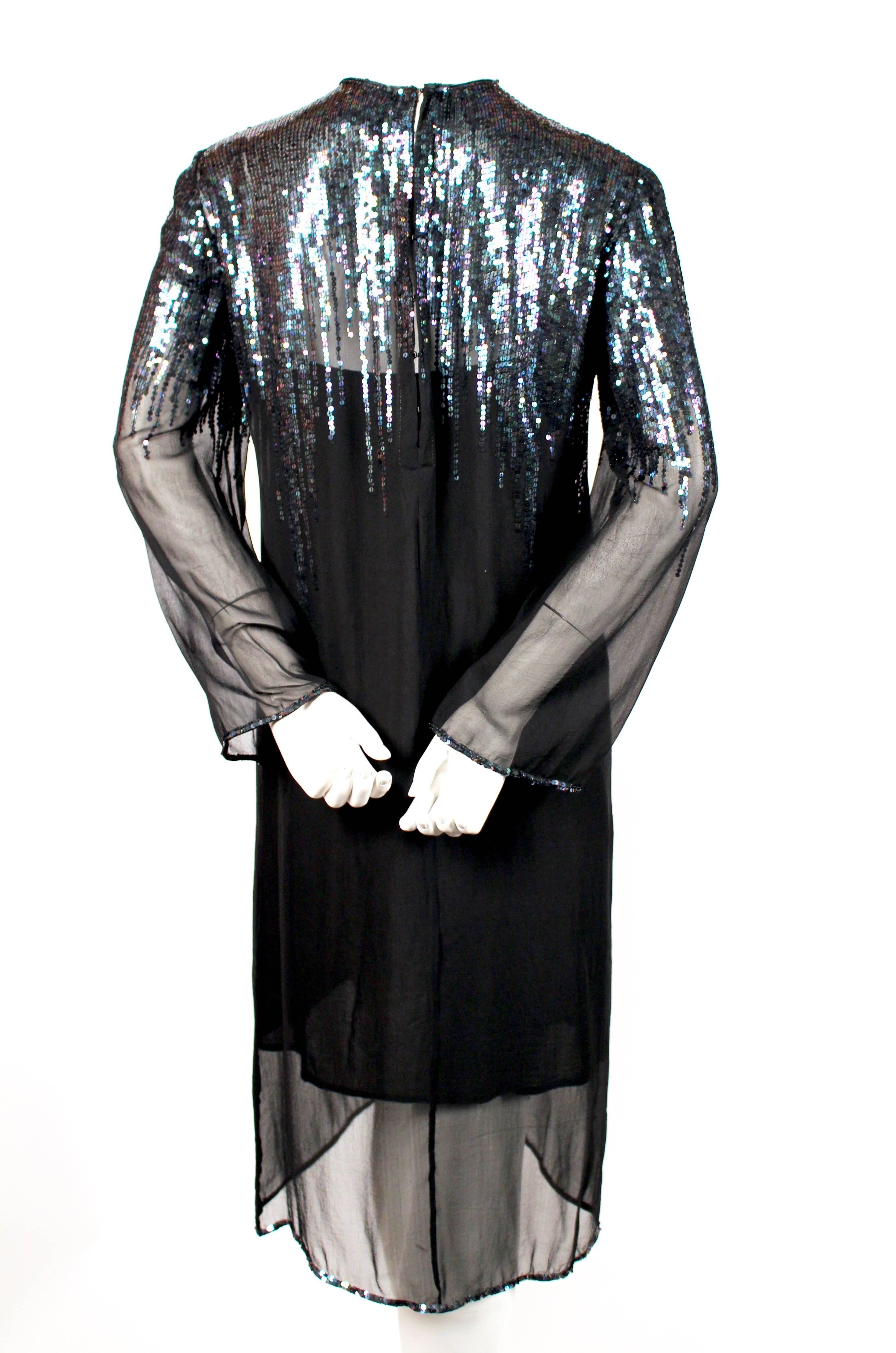 1970's HALSTON black sheer silk dress with sequined detail In Good Condition In San Fransisco, CA
