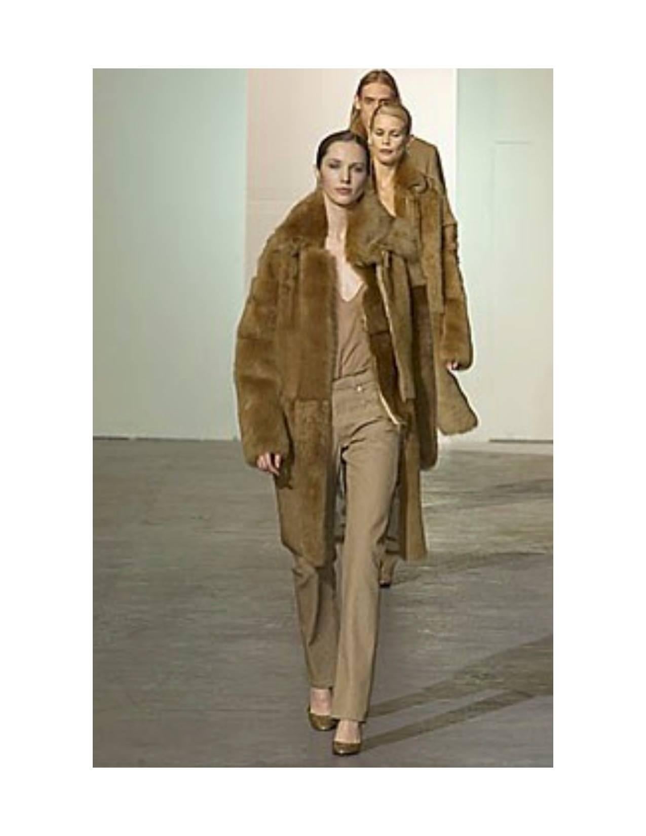 Brown 2000 Helmut Lang tan shearling runway coat with double collar